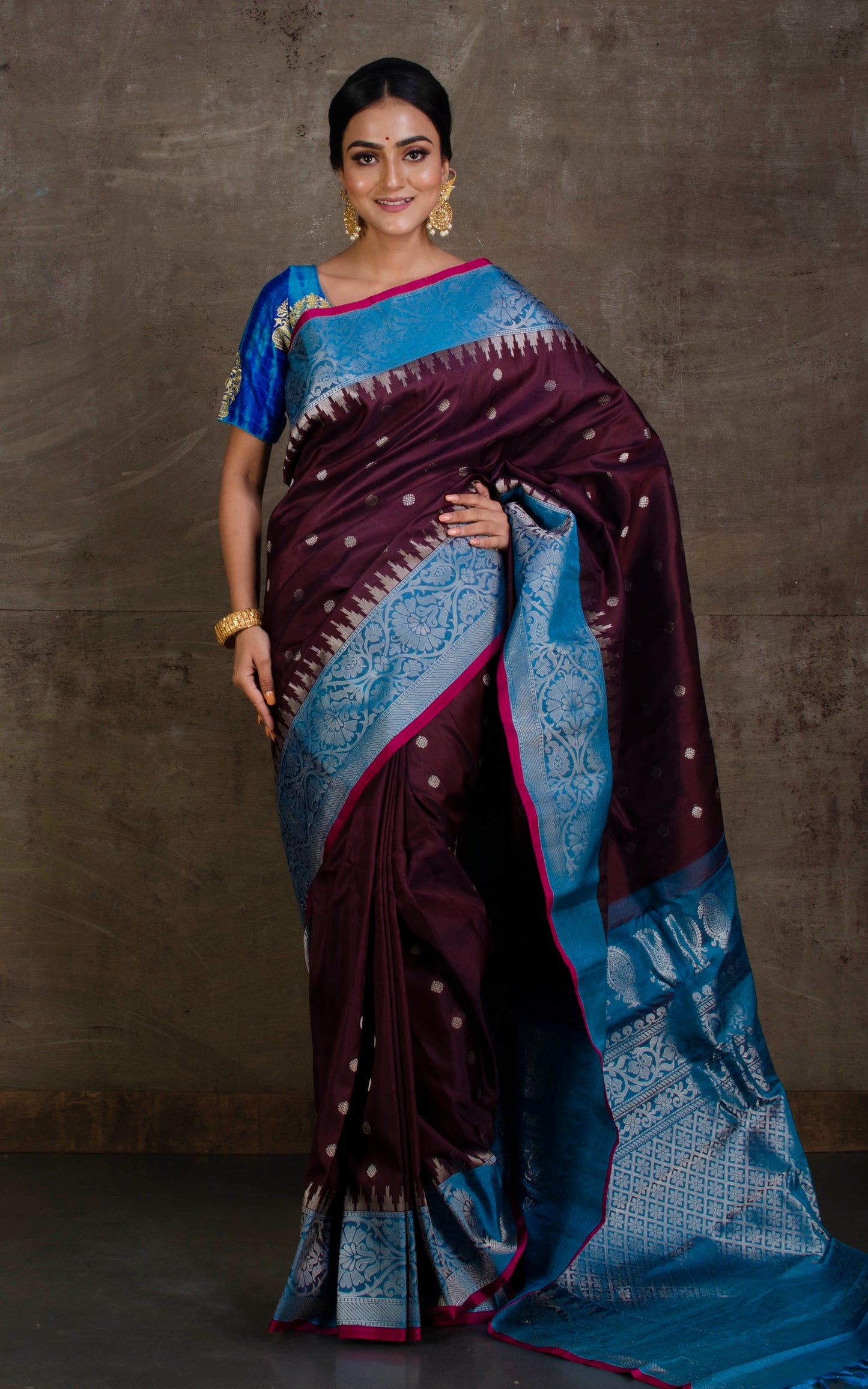 Exclusive Gadwal Silk Saree in Dark Mahogany, Carolina Blue with Cerise Pink Selvage