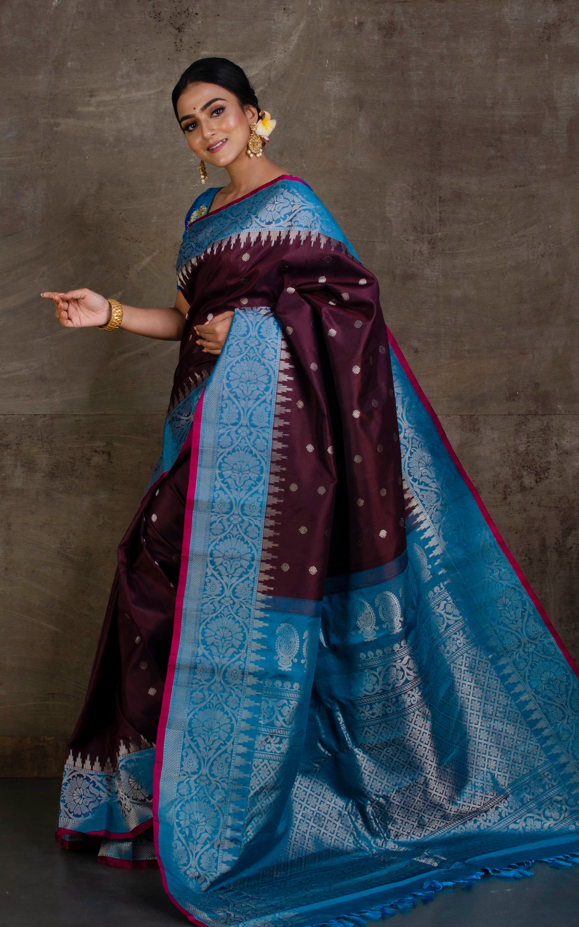 Exclusive Gadwal Silk Saree in Dark Mahogany, Carolina Blue with Cerise Pink Selvage