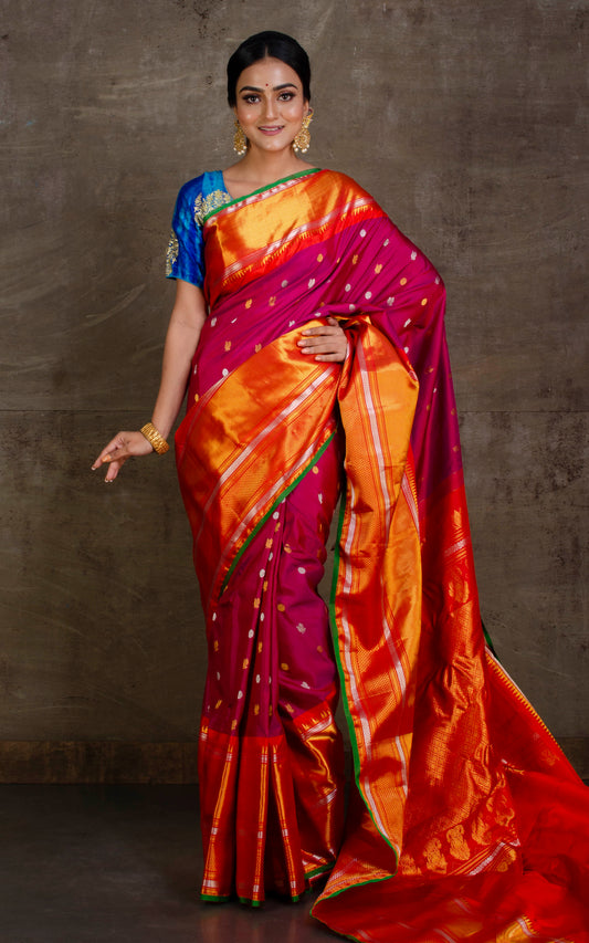 Exclusive Mahapar Nakshi Border Gadwal Silk Saree in Purple, Red, Green and Golden Zari Work