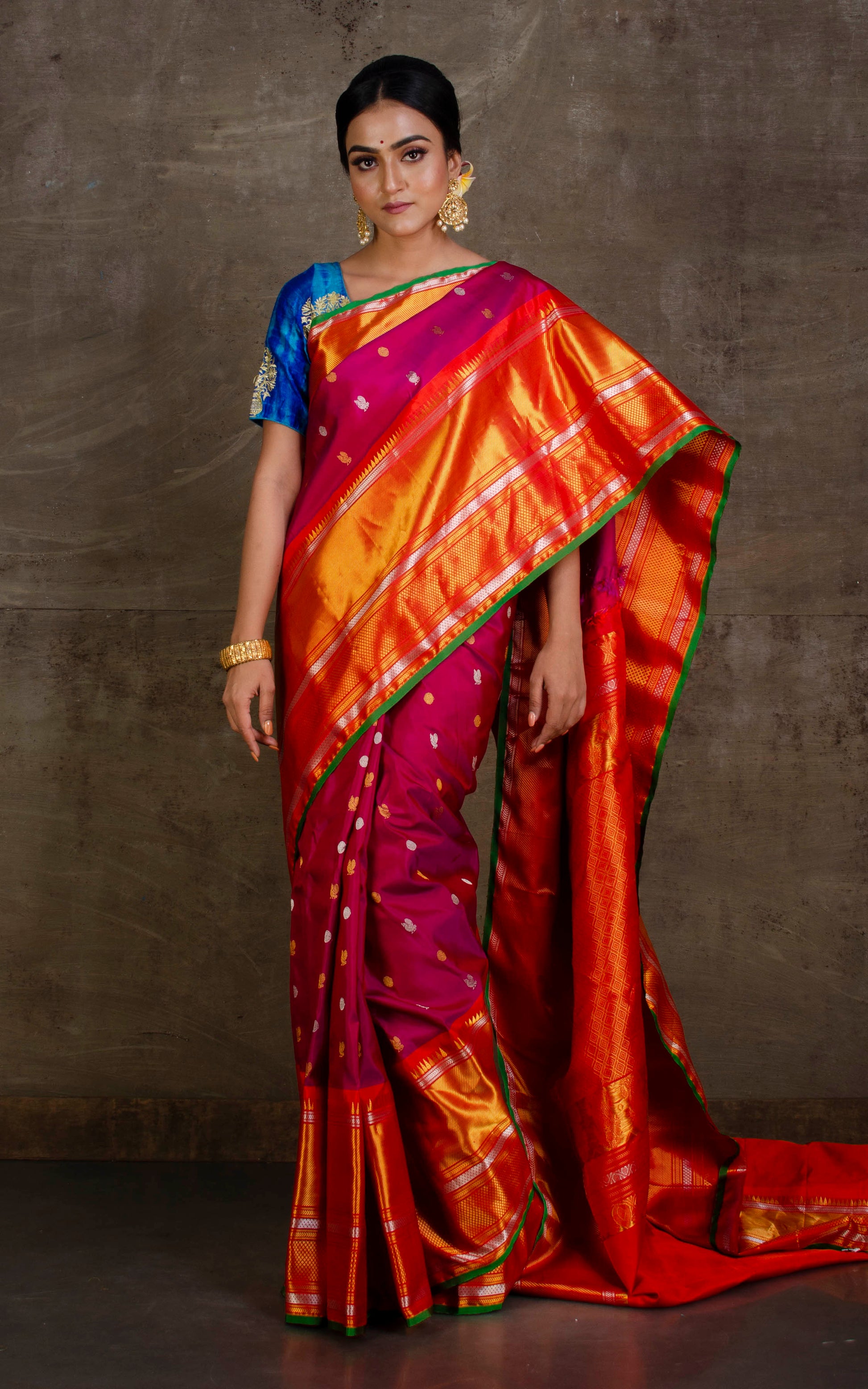 Exclusive Mahapar Nakshi Border Gadwal Silk Saree in Purple, Red, Green and Golden Zari Work