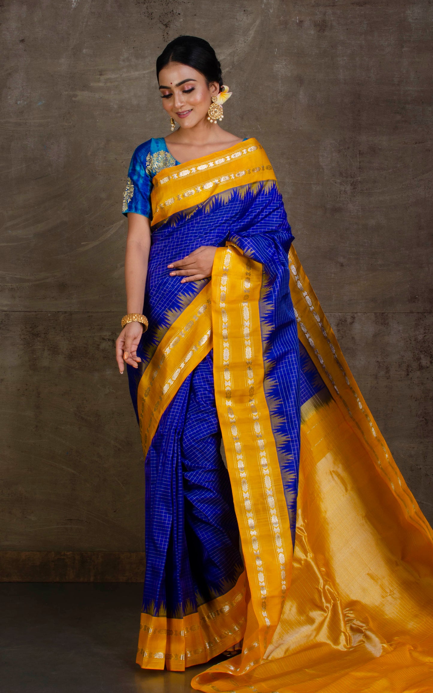 Pure Silk Checks Gadwal Silk Saree in Royal Blue, Ochre Yellow and Silver