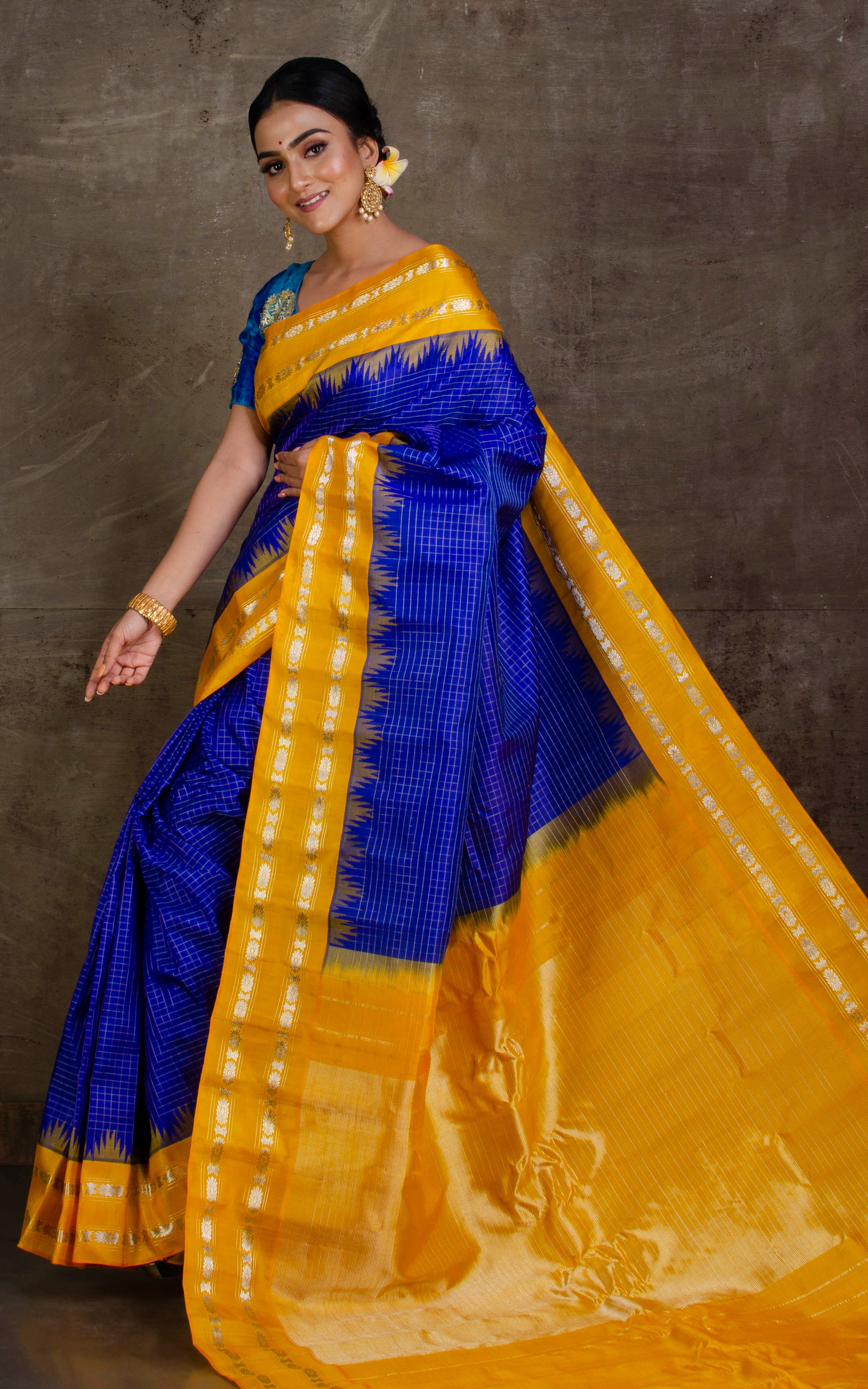 Pure Silk Checks Gadwal Silk Saree in Royal Blue, Ochre Yellow and Silver