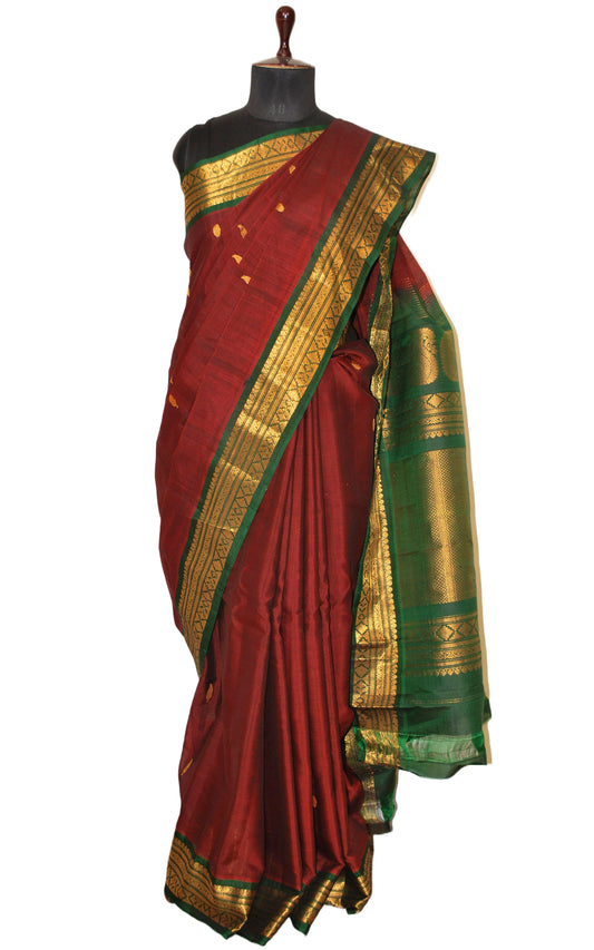 Exclusive Gadwal Seiko Silk Saree in Rust Brown and Dark Green