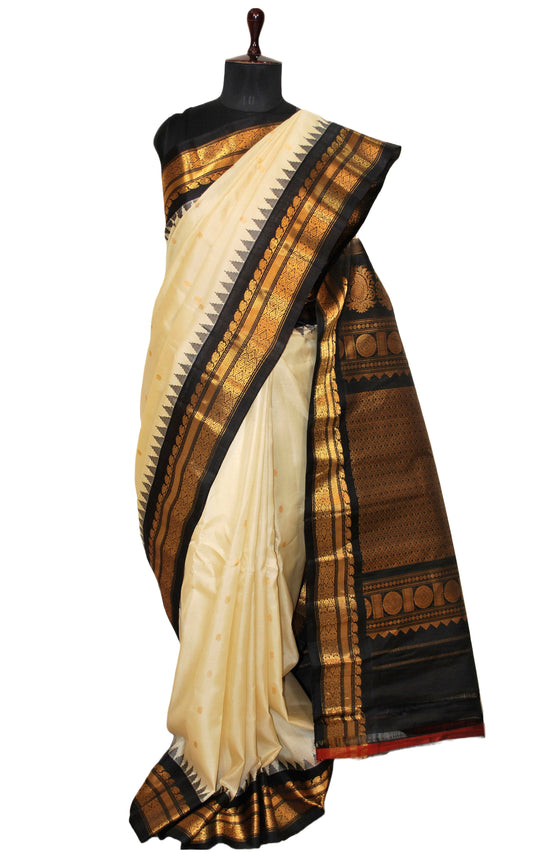 Exclusive Gadwal Silk Saree in Off White, Zed Black and Golden Zari Work