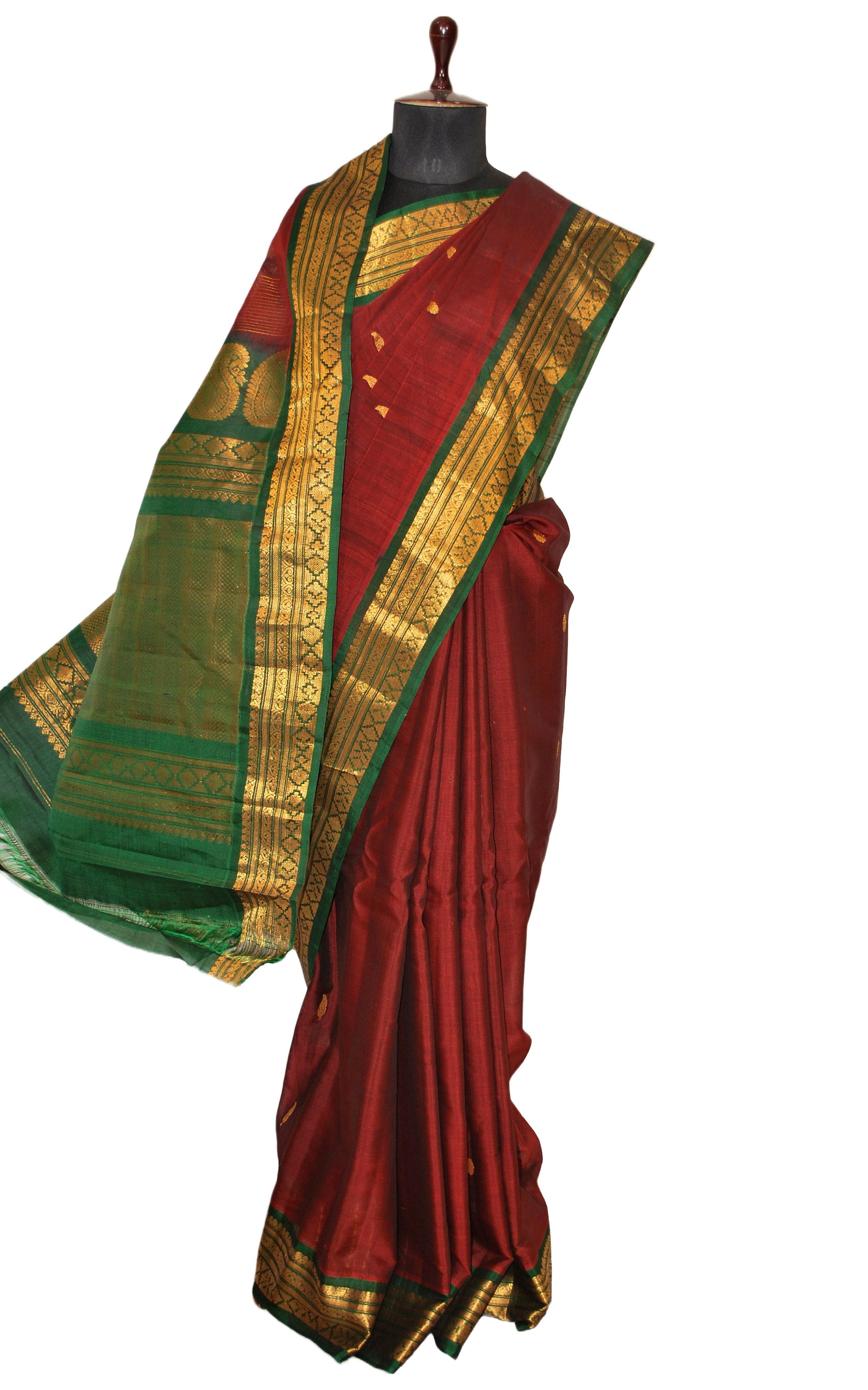 Exclusive Gadwal Seiko Silk Saree in Rust Brown and Dark Green