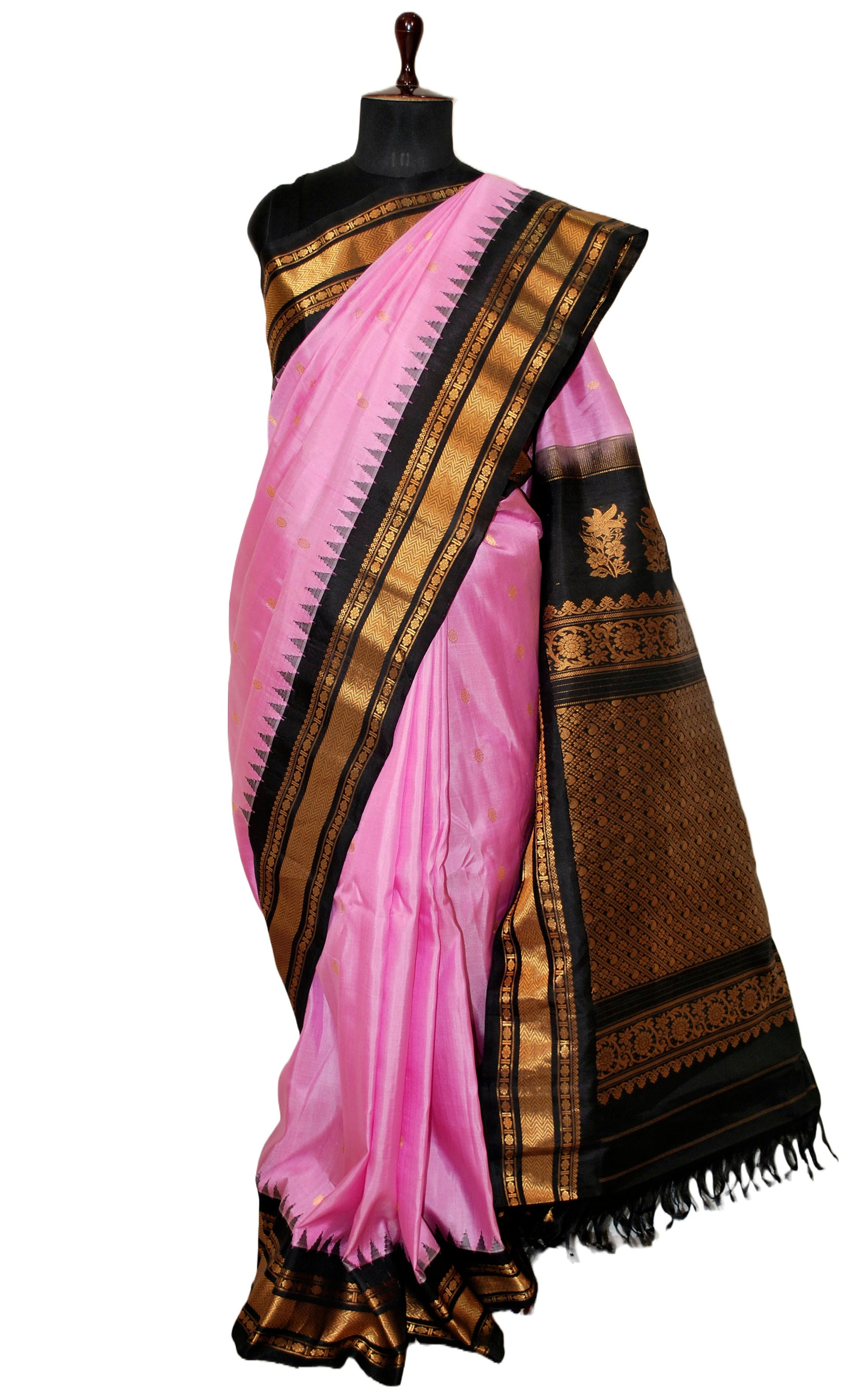 Exclusive Gadwal Silk Saree in Pink, Pitch Black and Golden Zari Work