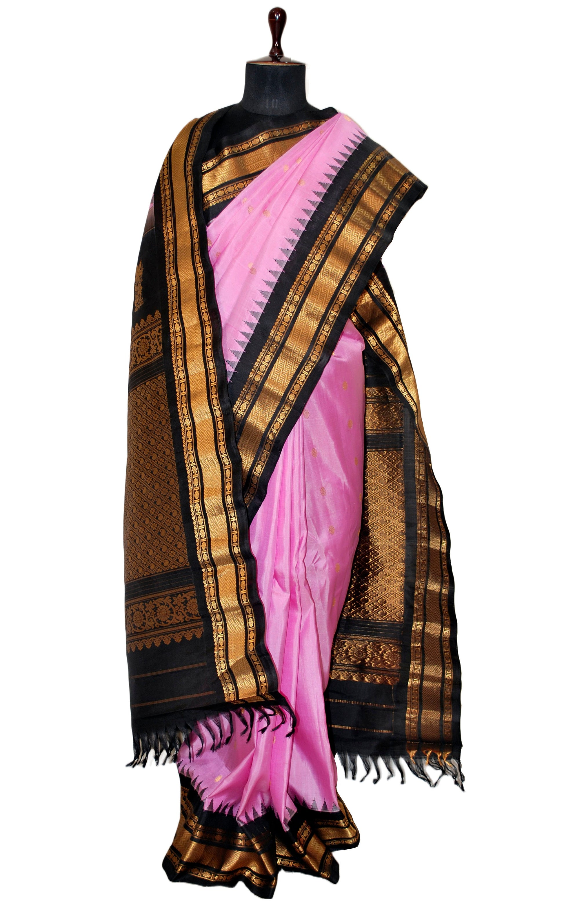 Exclusive Gadwal Silk Saree in Pink, Pitch Black and Golden Zari Work