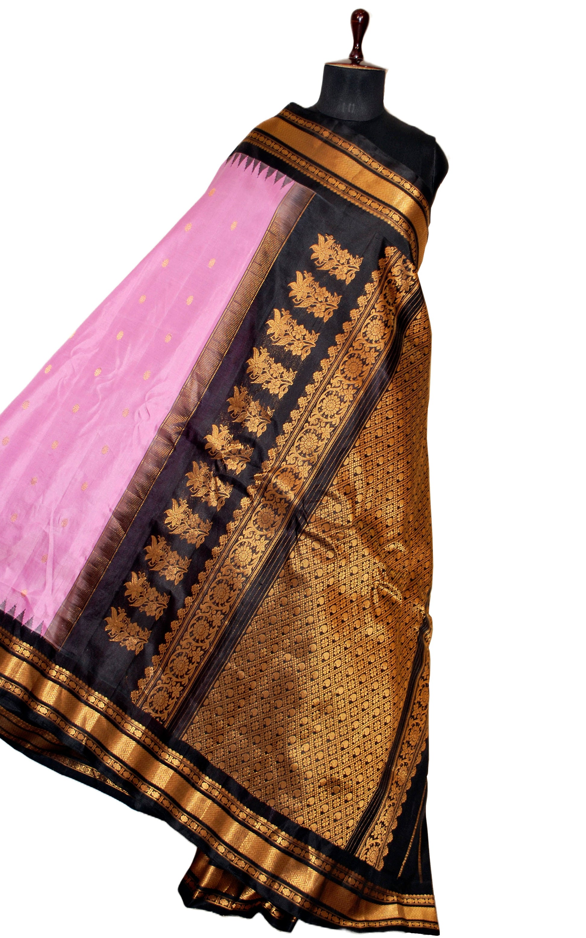 Exclusive Gadwal Silk Saree in Pink, Pitch Black and Golden Zari Work