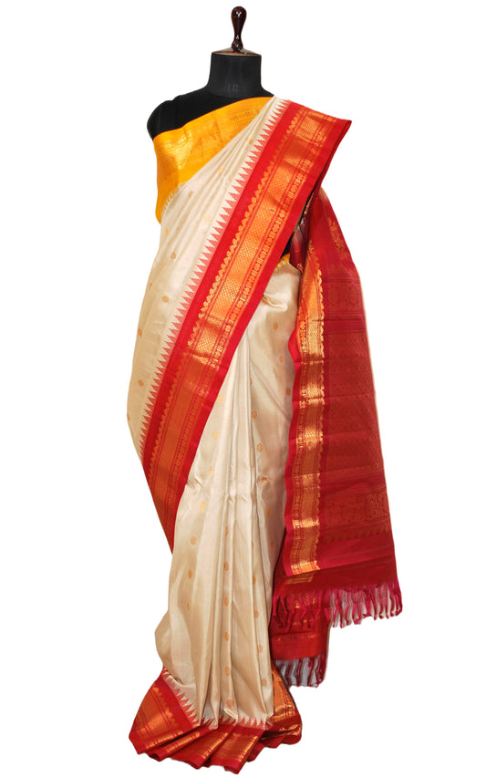 Exclusive Gadwal Silk Saree in Off White, Red, Sunset Yellow and Golden Zari Work