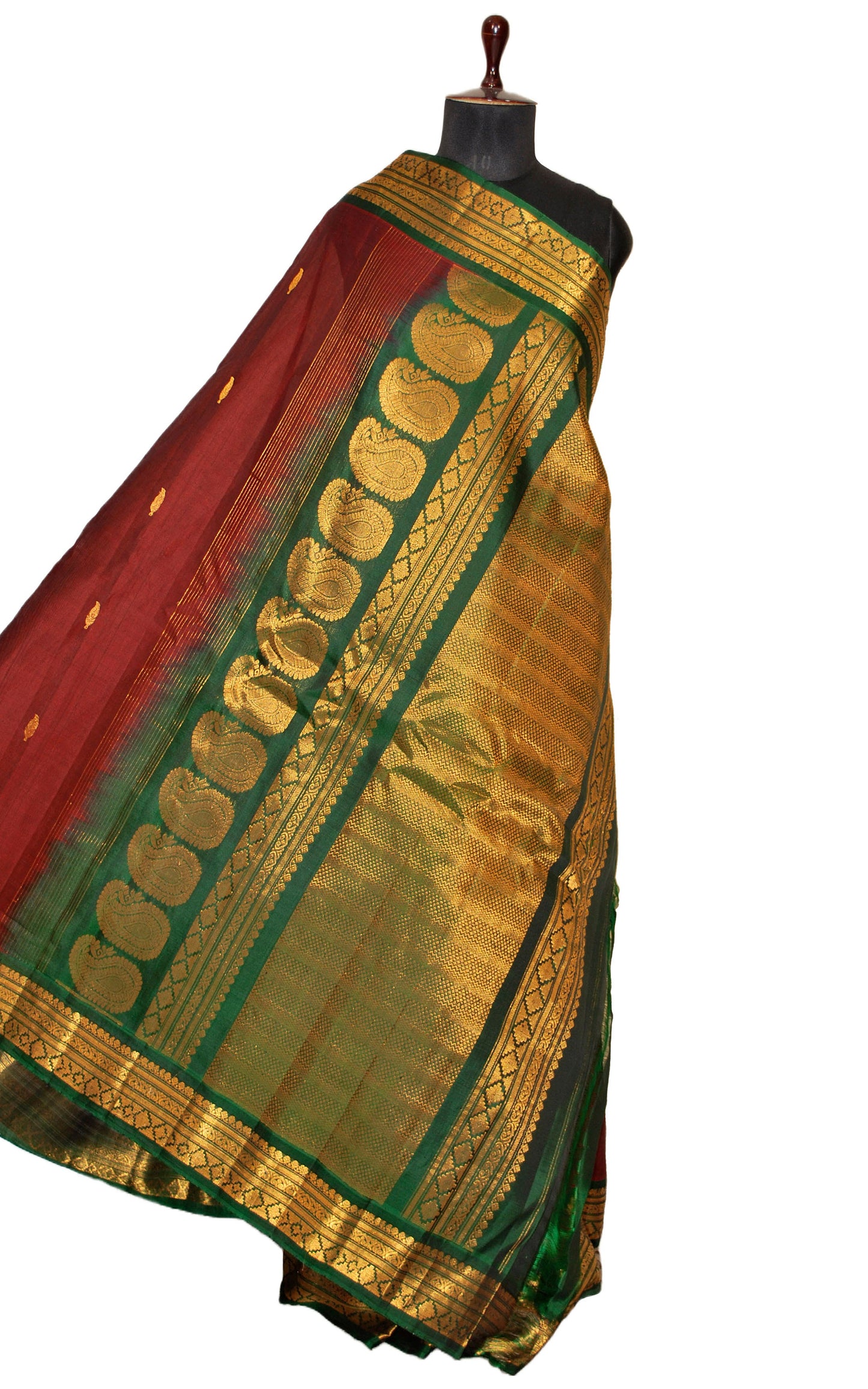 Exclusive Gadwal Seiko Silk Saree in Rust Brown and Dark Green