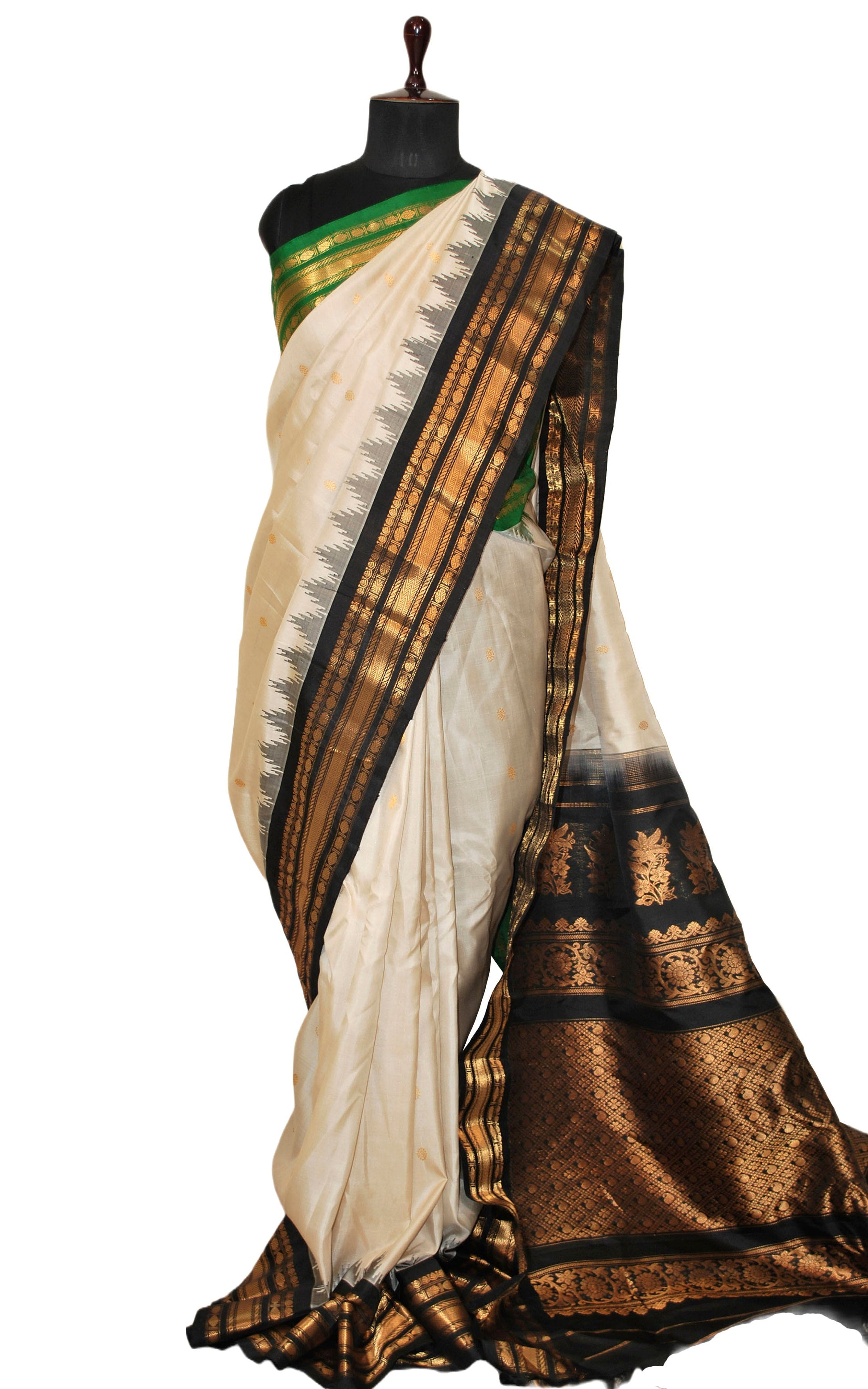 Exclusive Gadwal Silk Saree in Off White, India Green, Black and Golden Zari Work