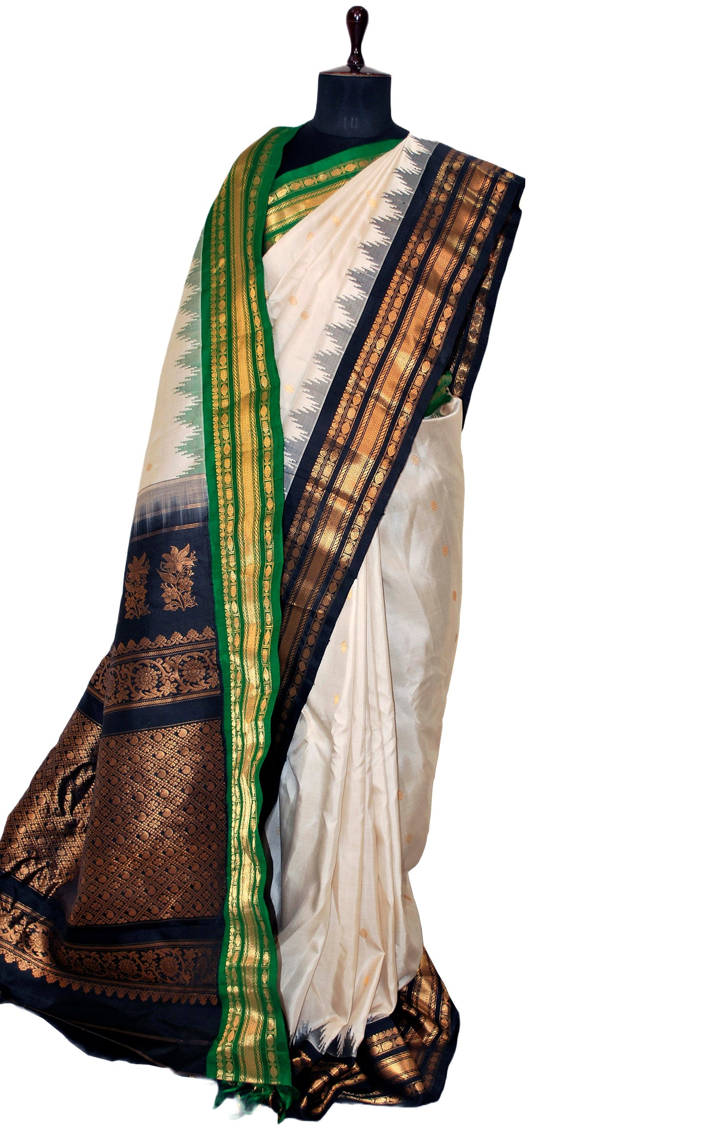 Exclusive Gadwal Silk Saree in Off White, India Green, Black and Golden Zari Work