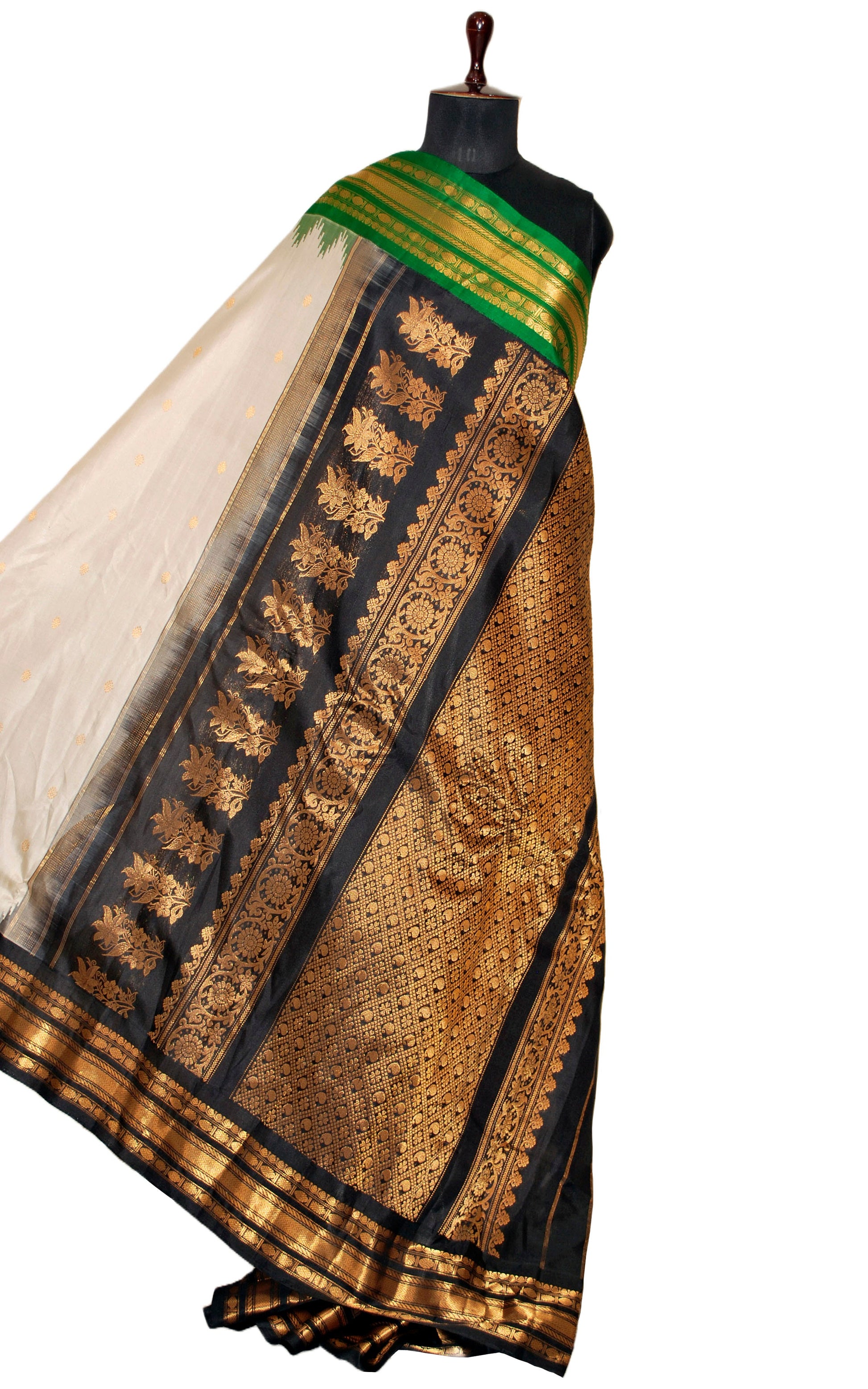 Exclusive Gadwal Silk Saree in Off White, India Green, Black and Golden Zari Work