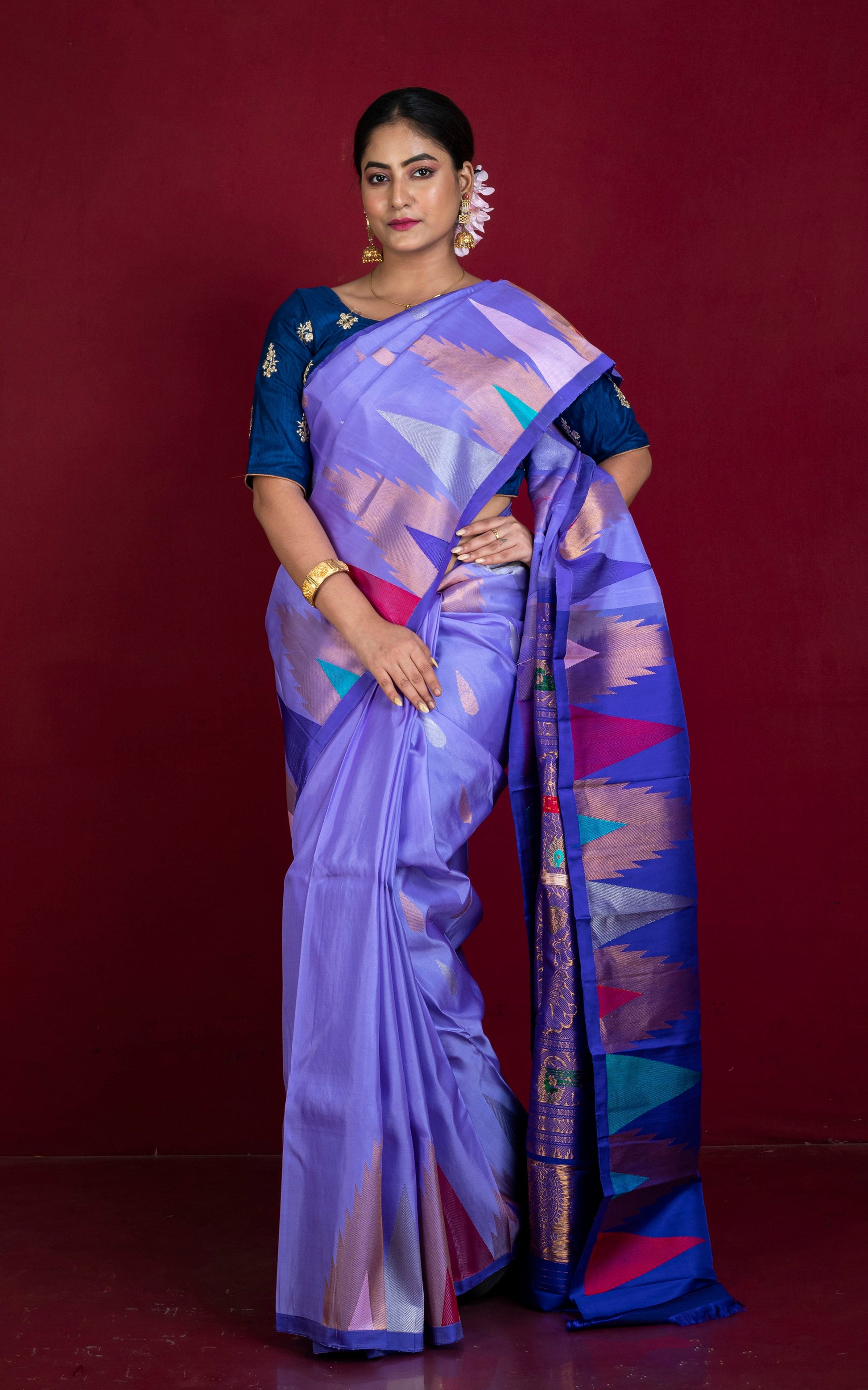 Exclusive Mahapar Crowned Temple Border Gadwal Silk Saree in Medium Purple, Royal Blue, Golden and Multicolored Weave