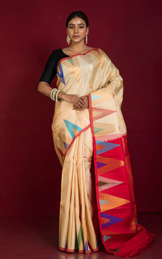 Exclusive Mahapar Crowned Temple Border Gadwal Silk Saree in Parmesan, Red, Golden and Multicolored Weave