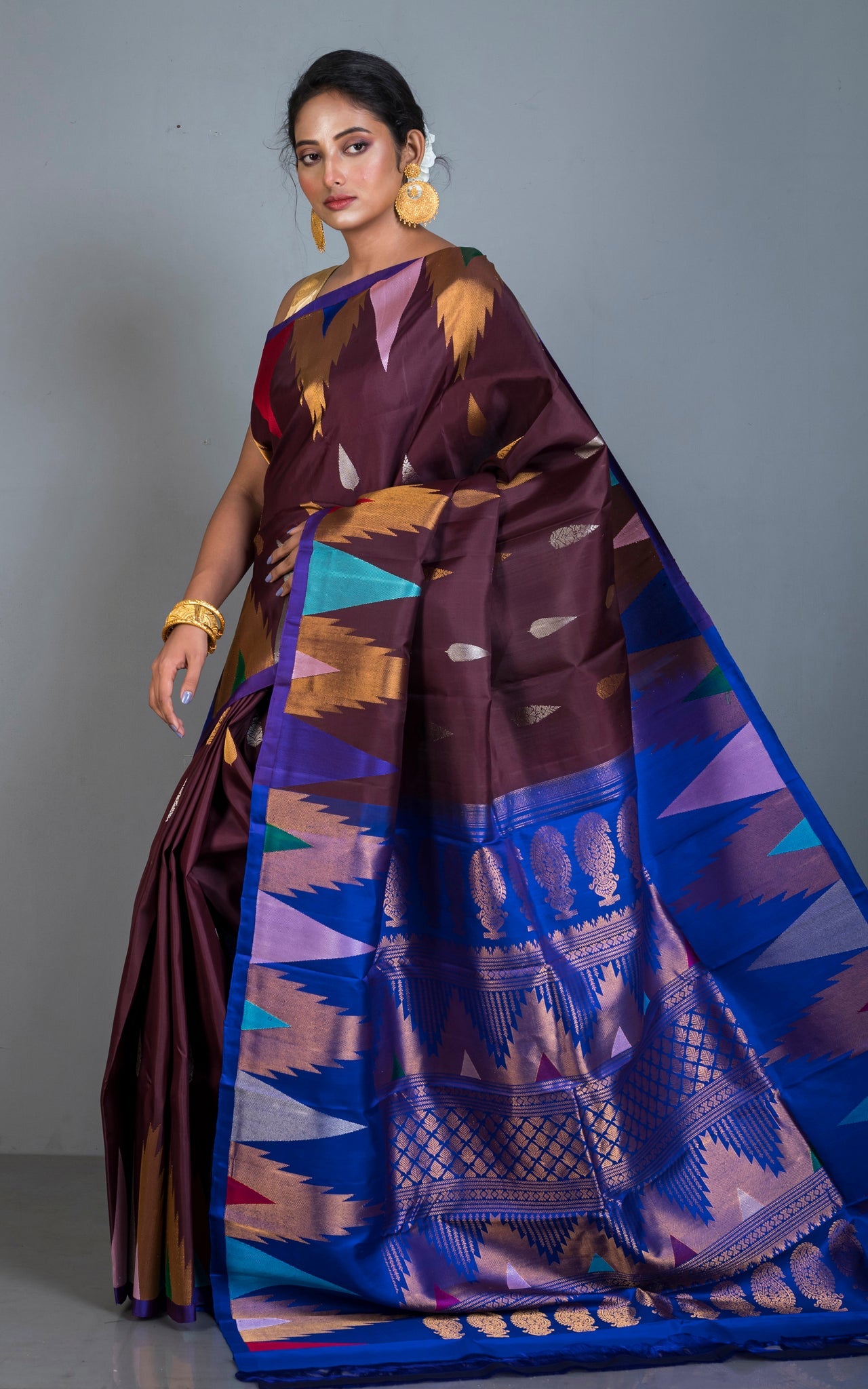 Exclusive Mahapar Crowned Temple Border Gadwal Silk Saree in Dark Wine, Royal Blue, Golden and Multicolored Weave