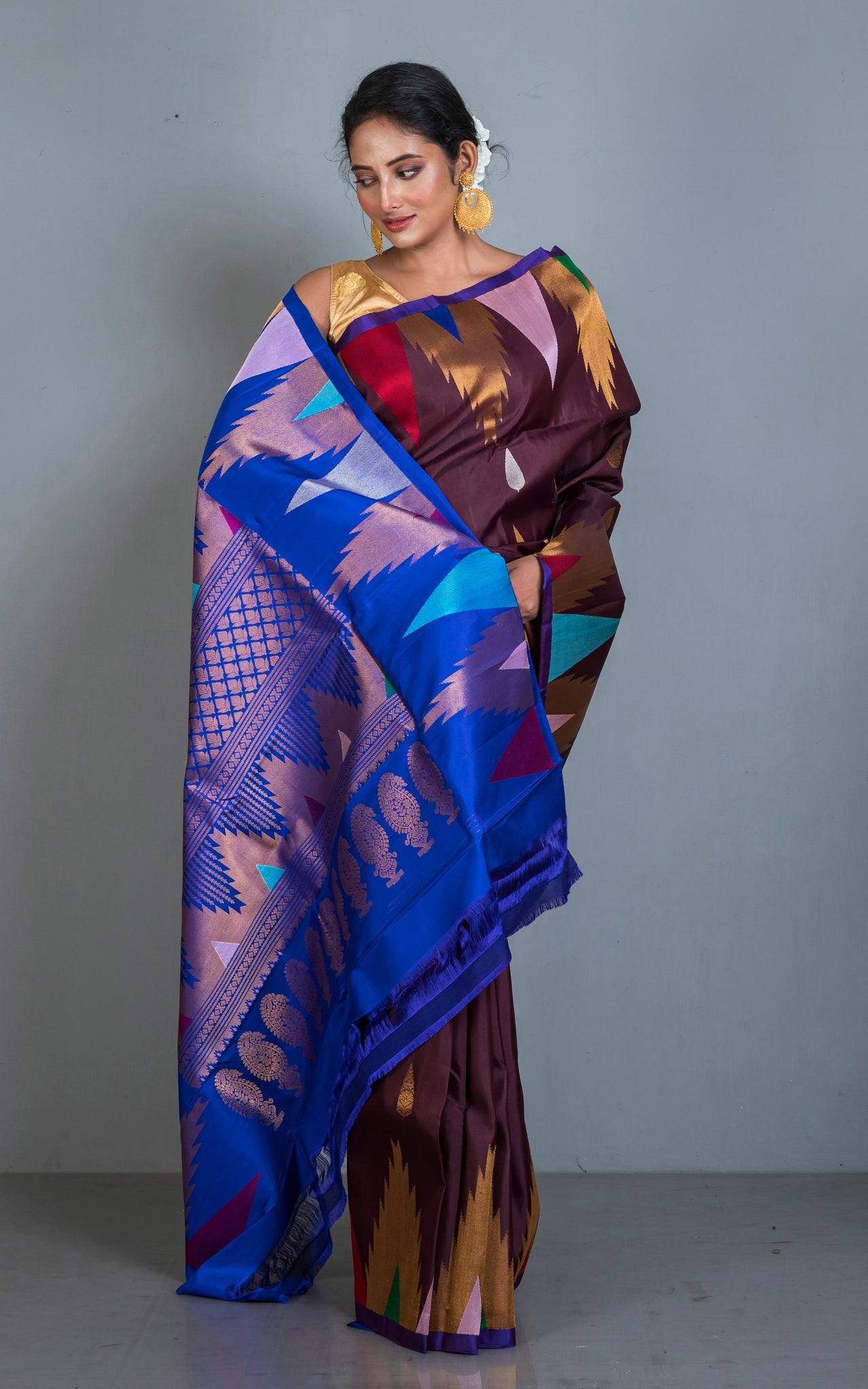 Exclusive Mahapar Crowned Temple Border Gadwal Silk Saree in Dark Wine, Royal Blue, Golden and Multicolored Weave