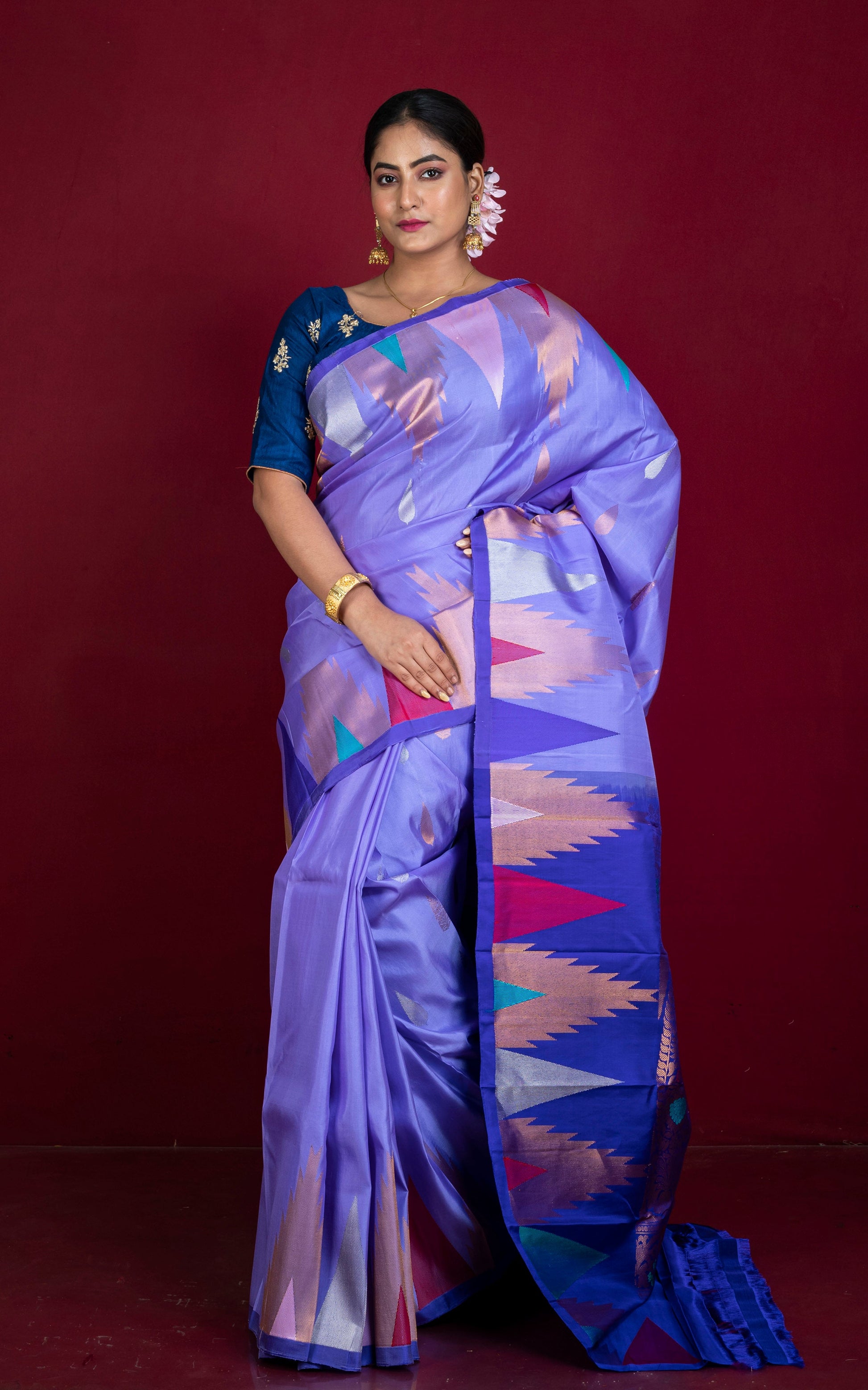 Exclusive Mahapar Crowned Temple Border Gadwal Silk Saree in Medium Purple, Royal Blue, Golden and Multicolored Weave