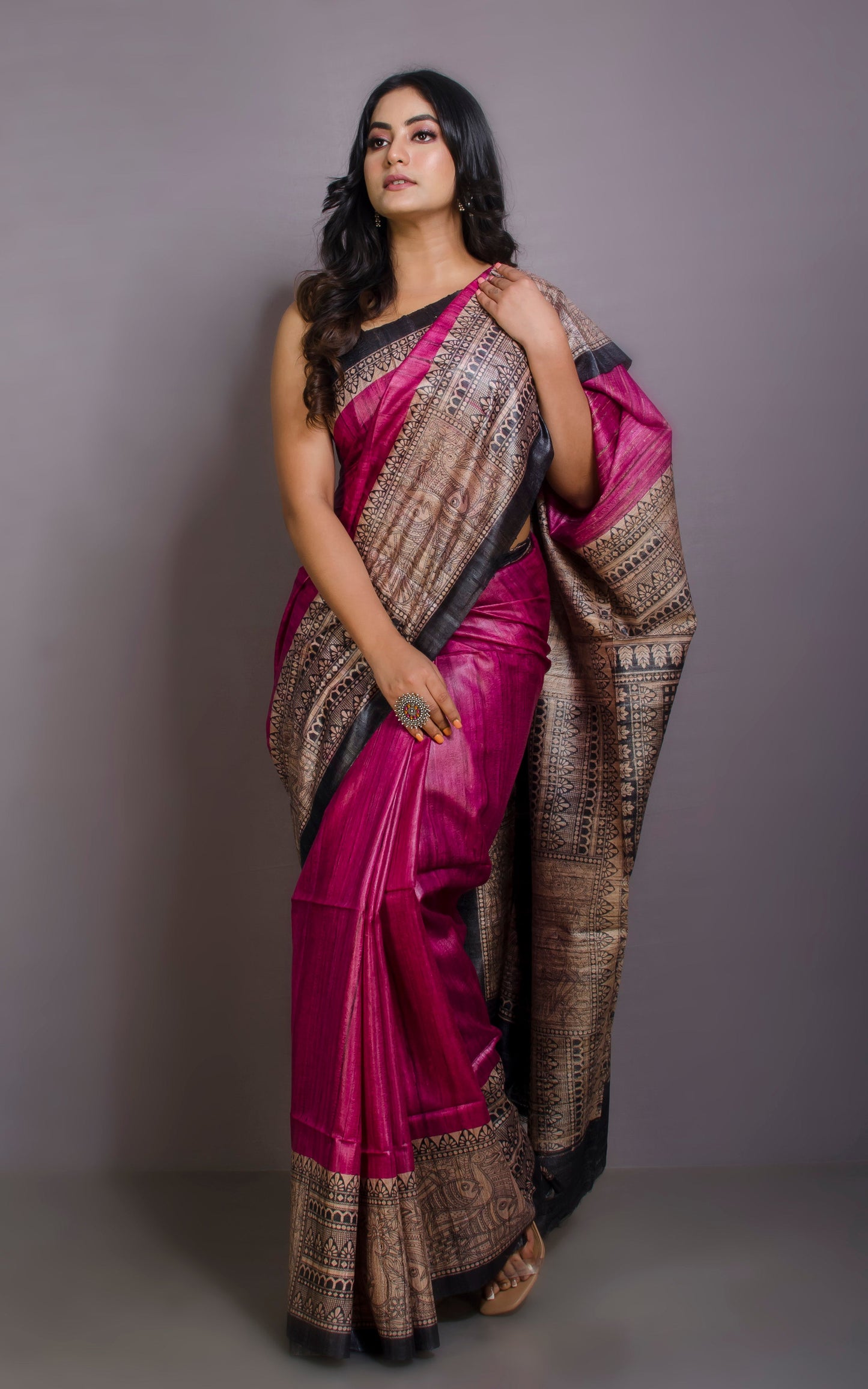 Soft Tussar Gicha Kalamkari Saree in Magenta, Beige and Black