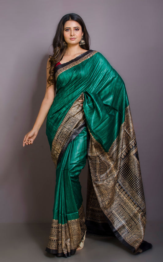 Soft Tussar Gicha Kalamkari Saree in Cadmium Green, Beige and Black