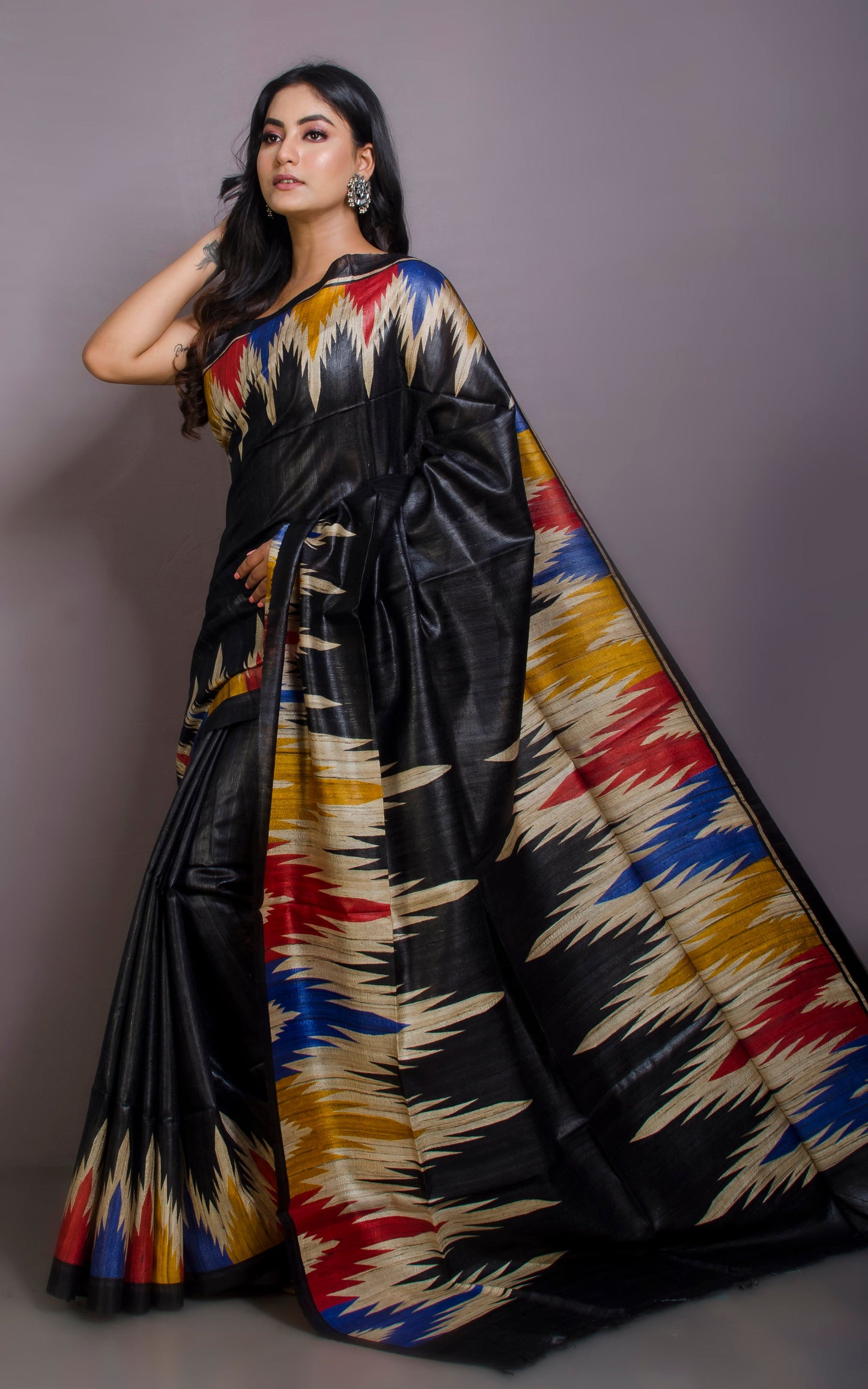 Printed Silk Gicha Tussar Saree in Black and Multicolored