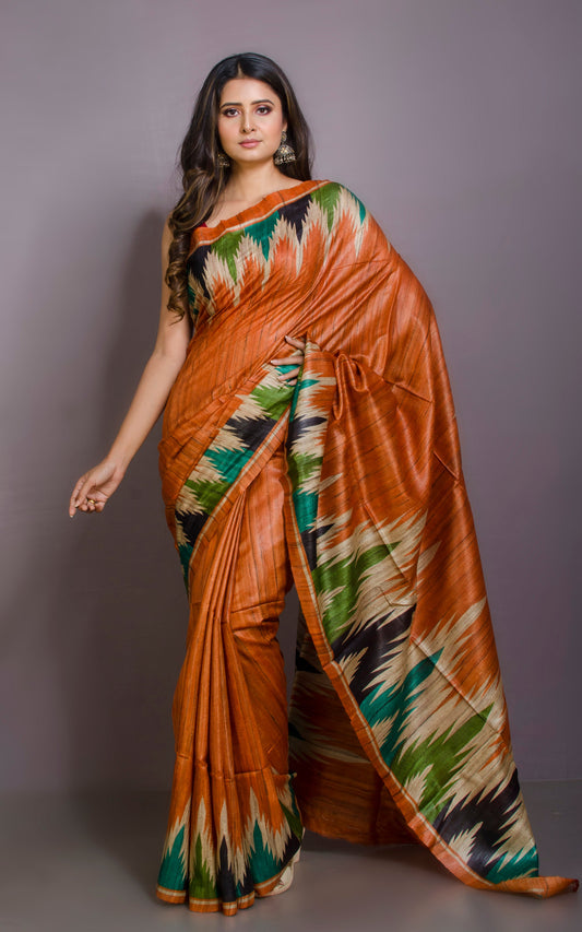 Printed Silk Gicha Tussar Saree in Burnt Orange and Multicolored