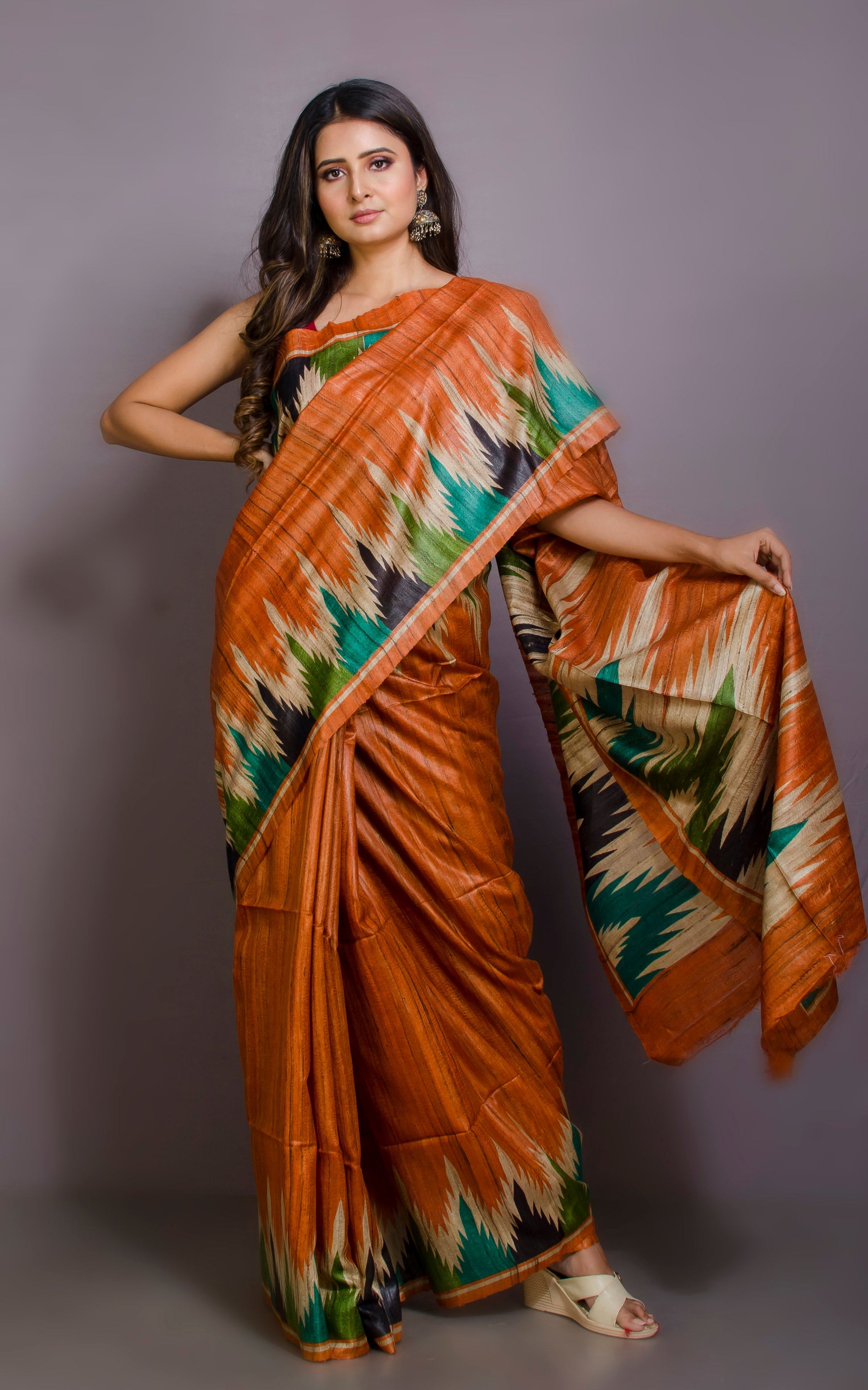 Printed Silk Gicha Tussar Saree in Burnt Orange and Multicolored