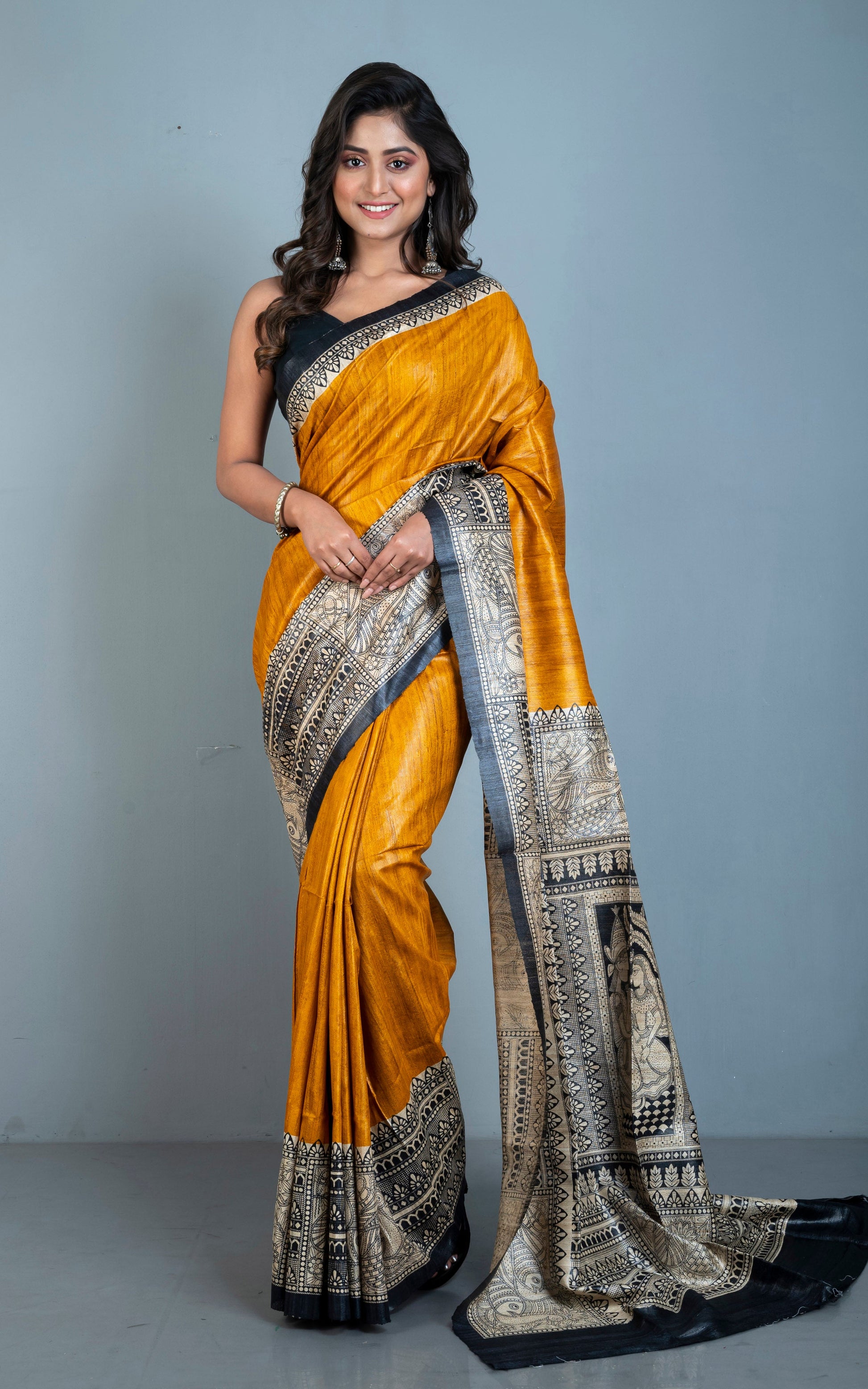 Soft Tussar Gicha Kalamkari Saree in Mustard Golden, Beige and Black