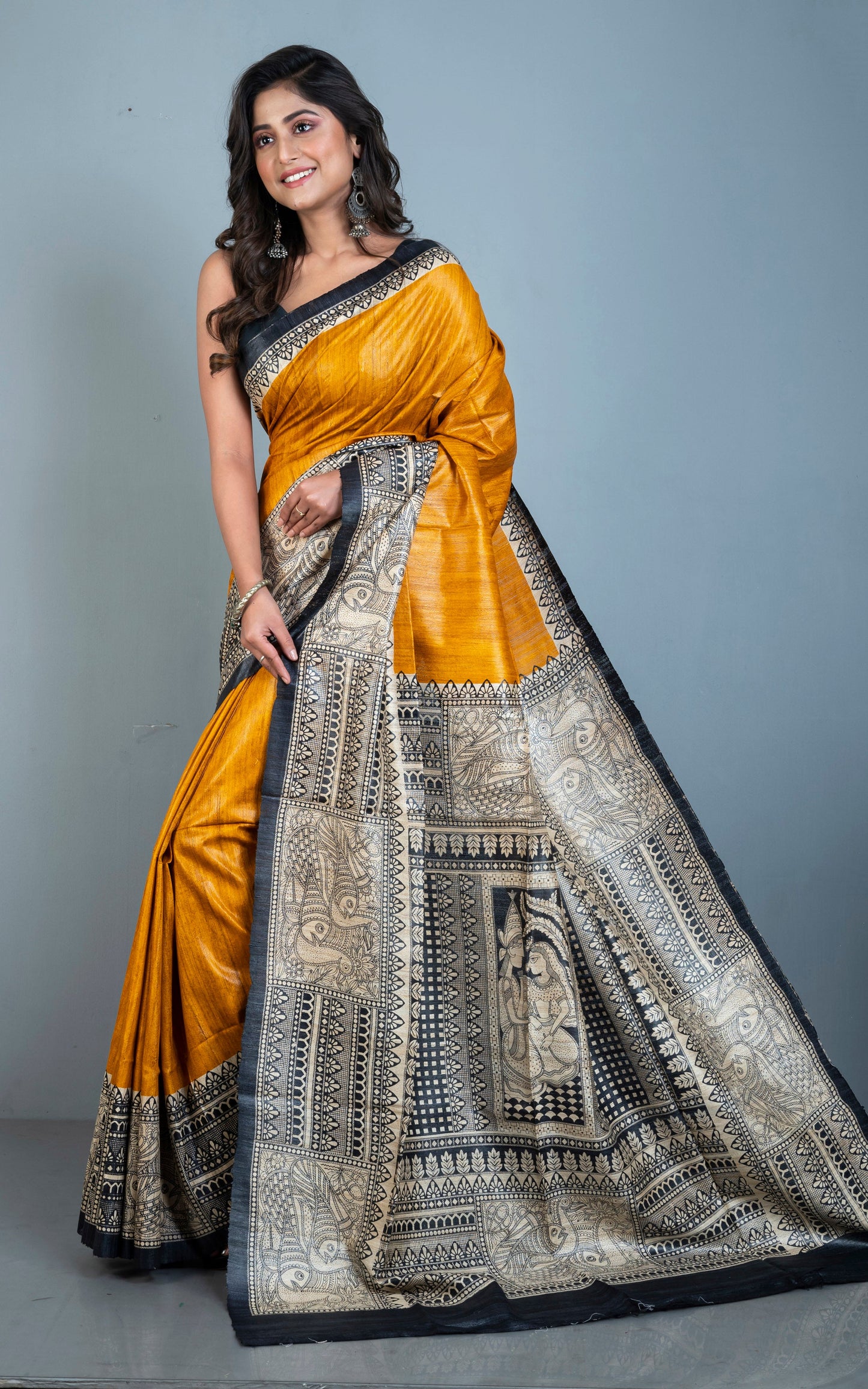 Soft Tussar Gicha Kalamkari Saree in Mustard Golden, Beige and Black