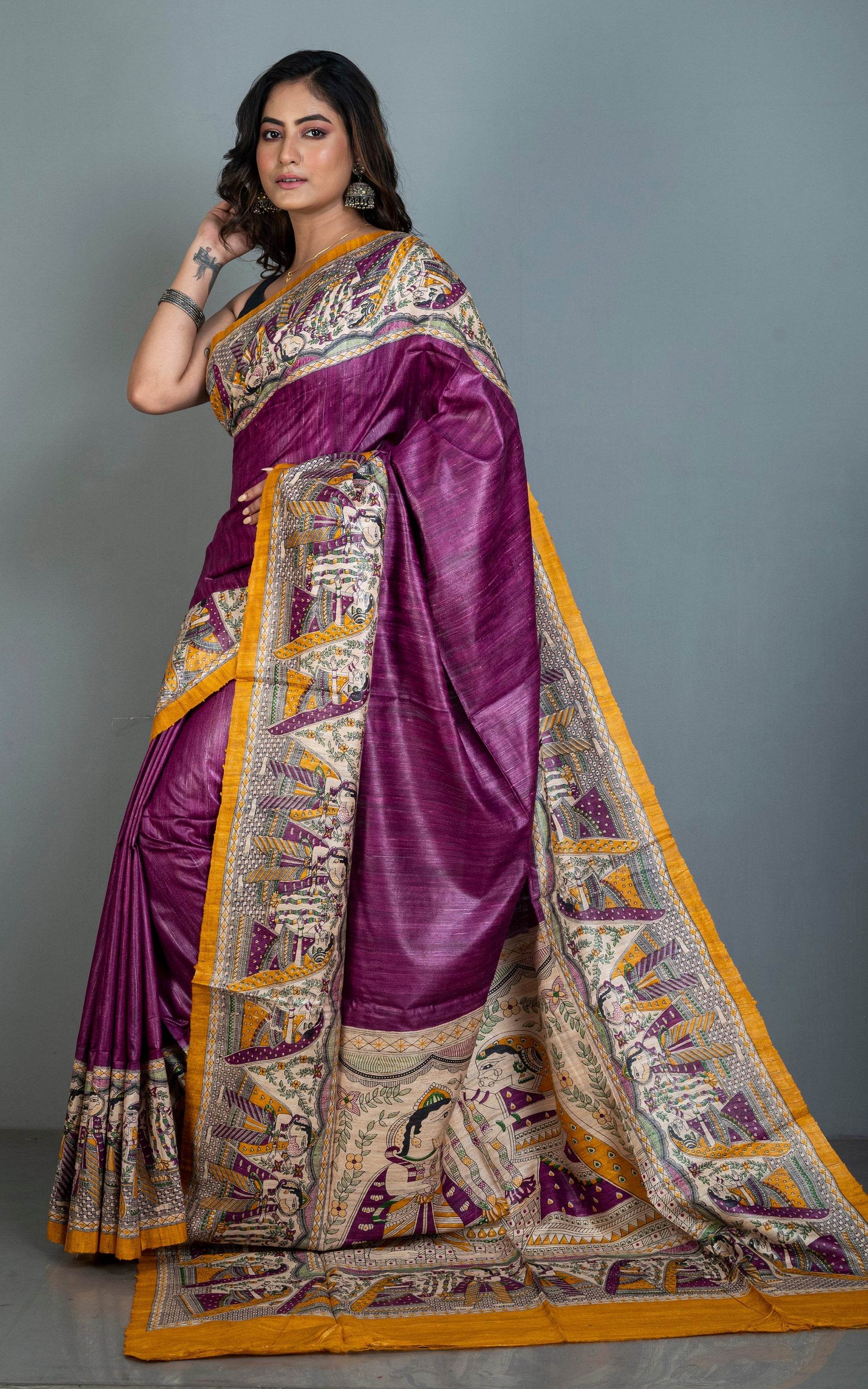 Traditional Tussar Gicha Kalamkari Saree in Purple, Amber Yellow, Green, Beige and Black