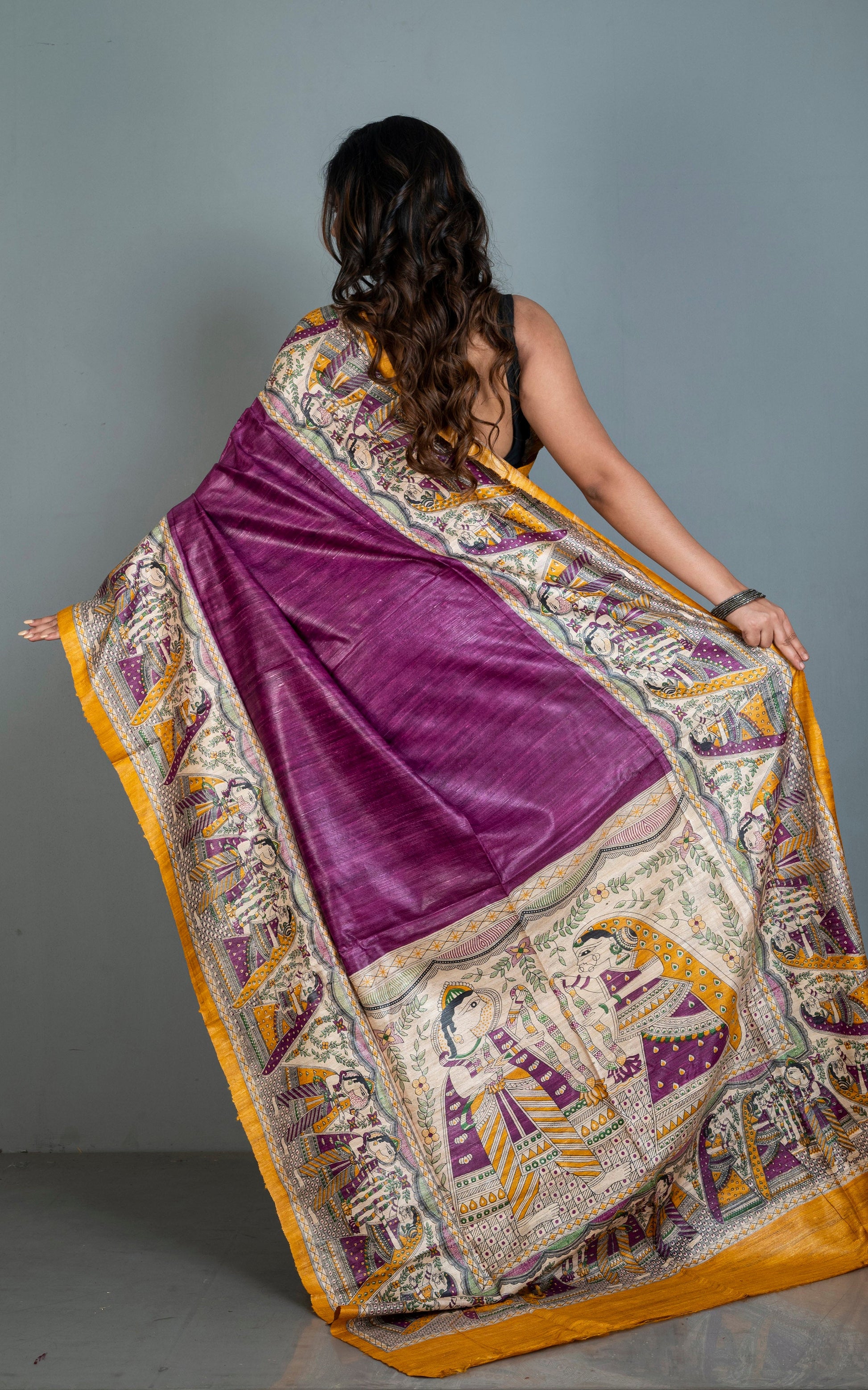 Traditional Tussar Gicha Kalamkari Saree in Purple, Amber Yellow, Green, Beige and Black