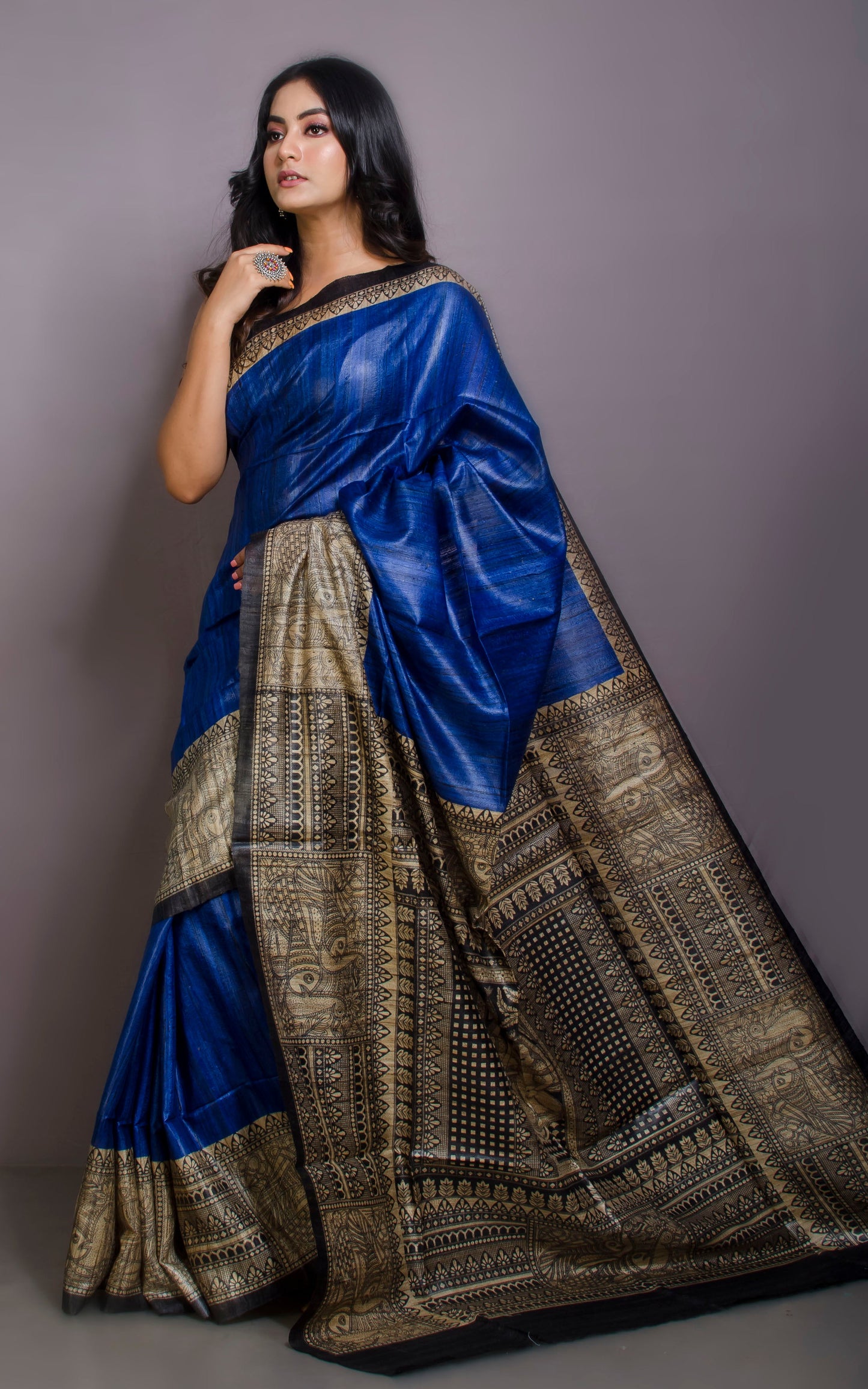 Soft Tussar Gicha Kalamkari Saree in Royal Blue, Beige and Black