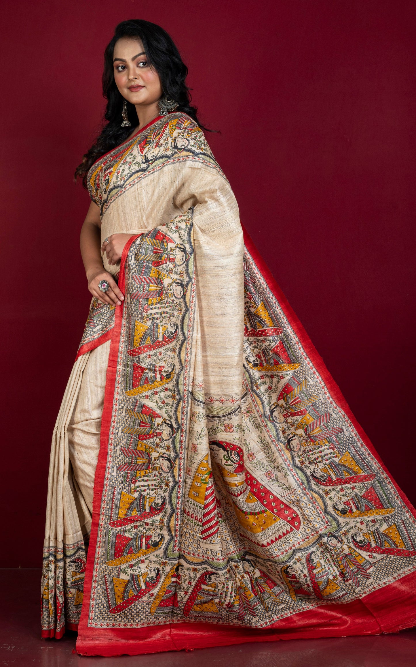 Traditional Tussar Gicha Kalamkari Saree in Parmesan, Red, Amber Yellow, Green and Black