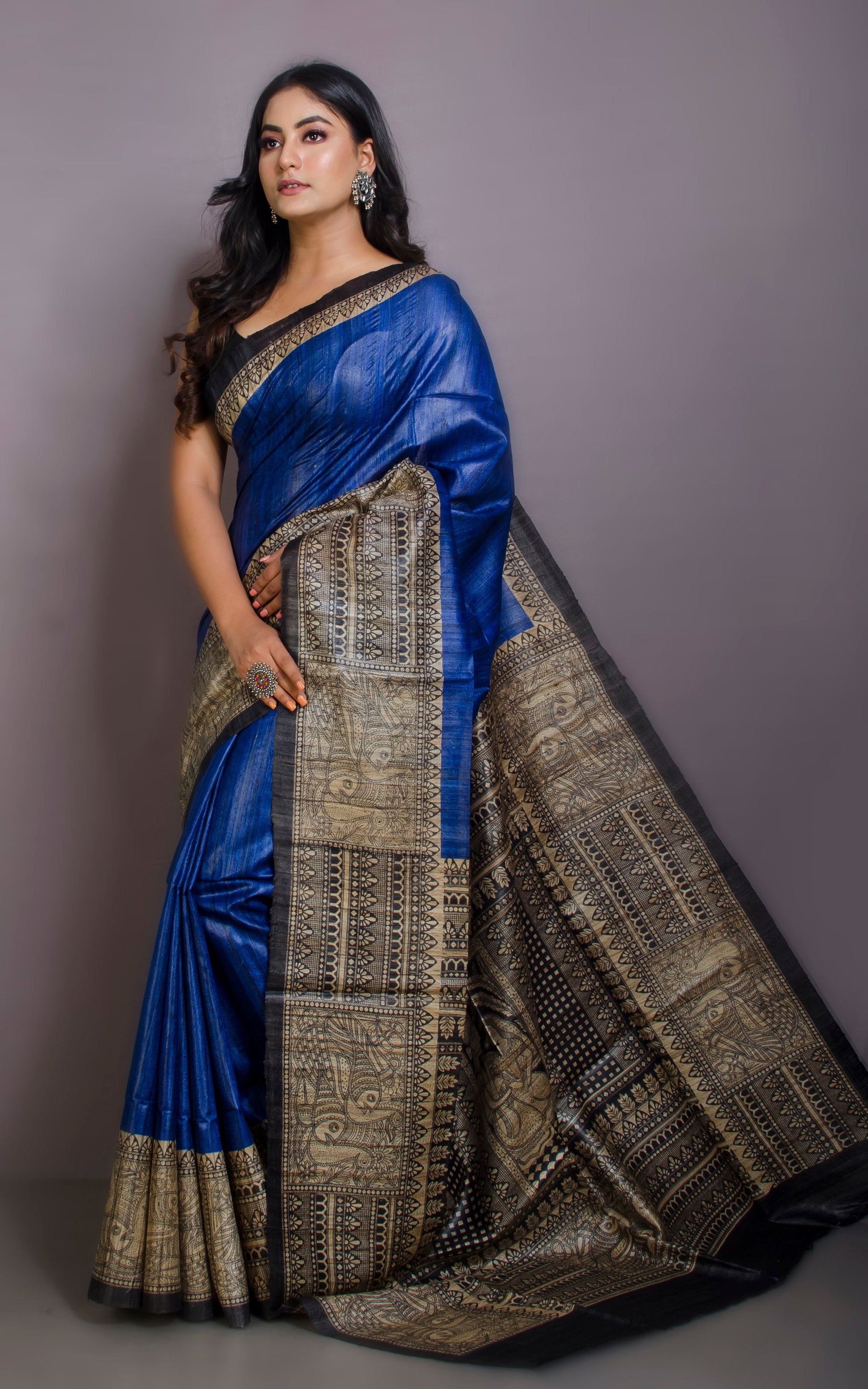 Soft Tussar Gicha Kalamkari Saree in Royal Blue, Beige and Black