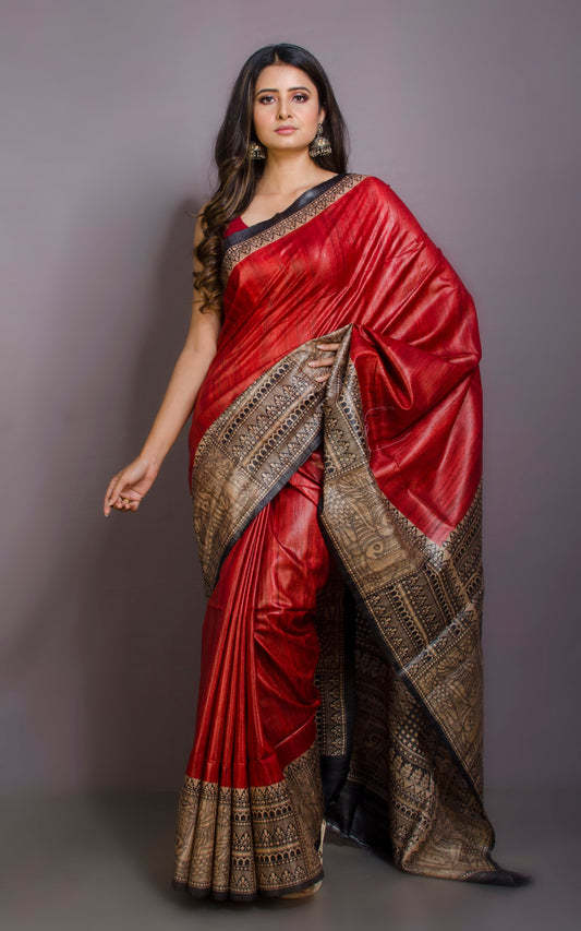 Soft Tussar Gicha Kalamkari Saree in Scarlet Red, Beige and Black