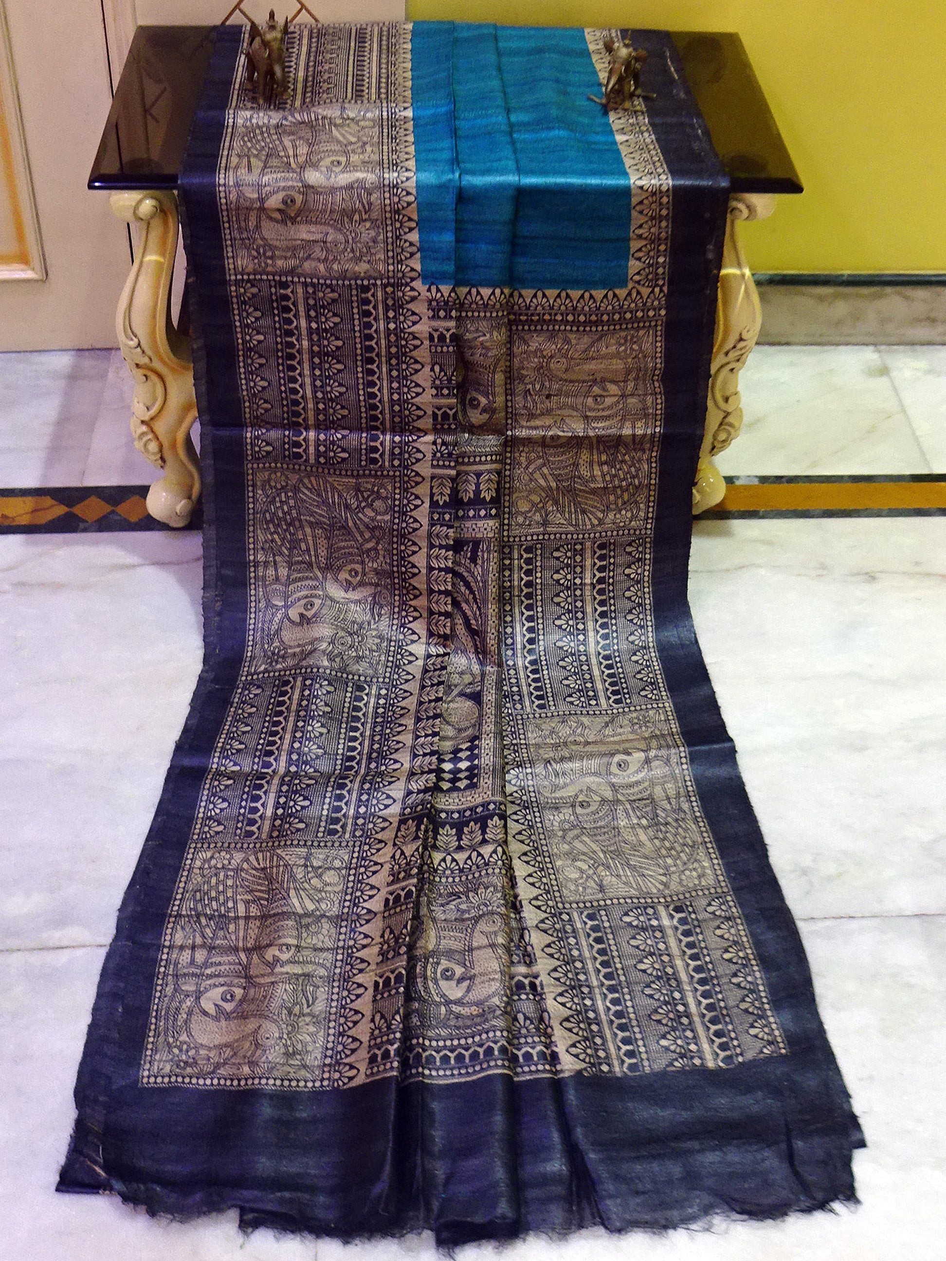 Soft Tussar Gicha Kalamkari Saree in Peacock Blue, Beige and Black