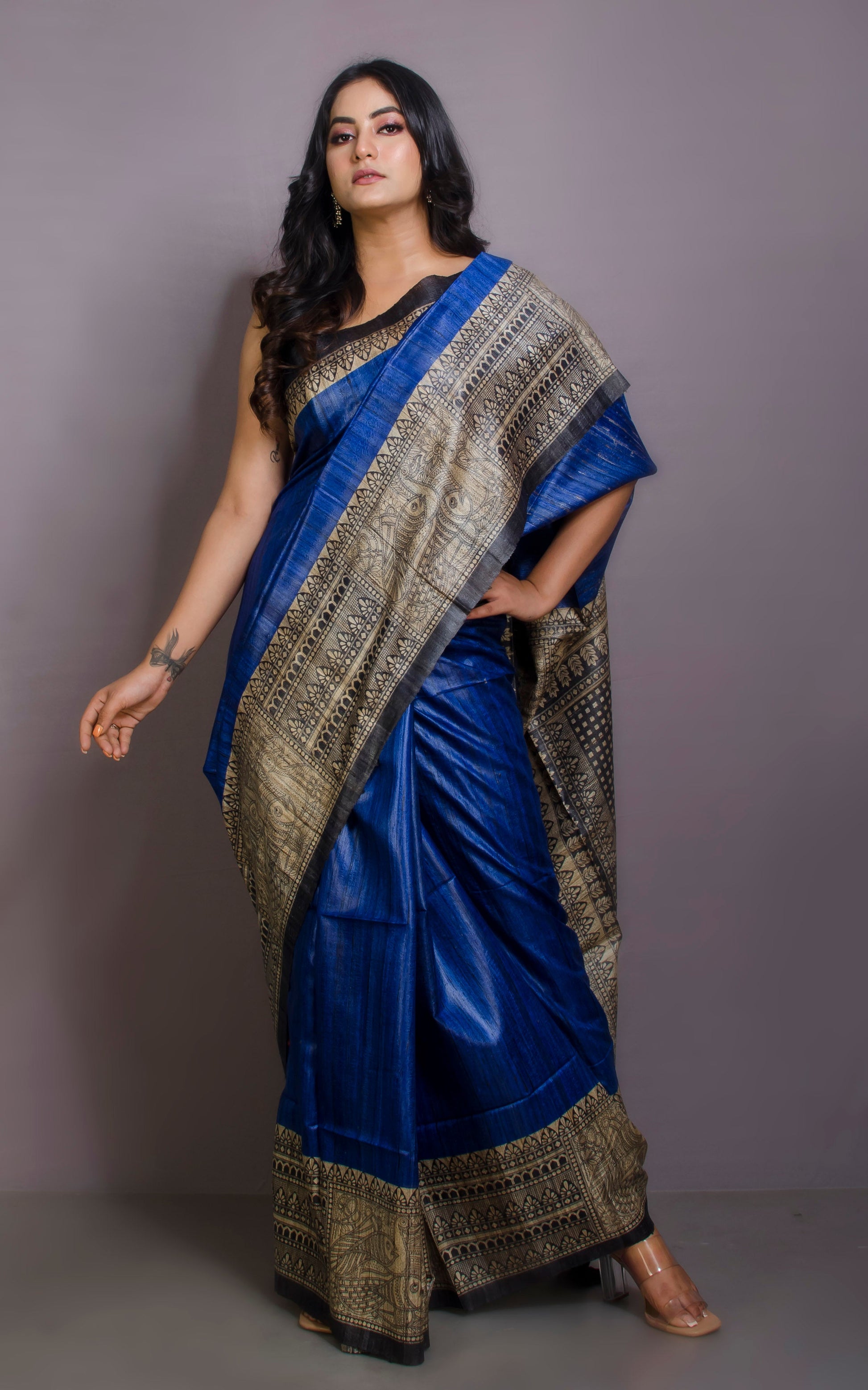 Soft Tussar Gicha Kalamkari Saree in Royal Blue, Beige and Black