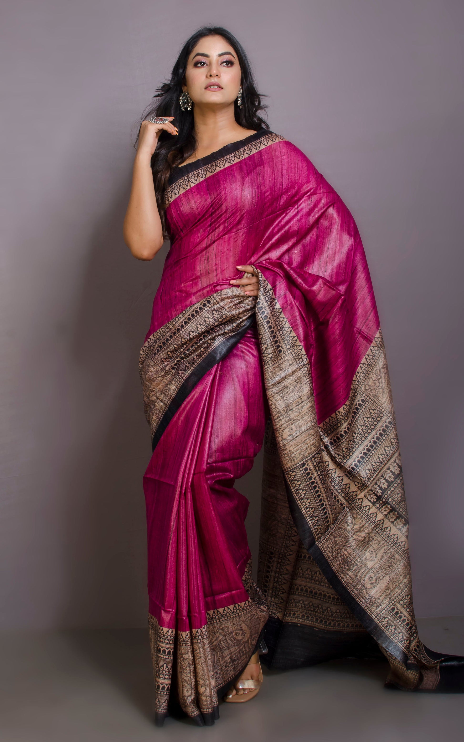 Soft Tussar Gicha Kalamkari Saree in Magenta, Beige and Black