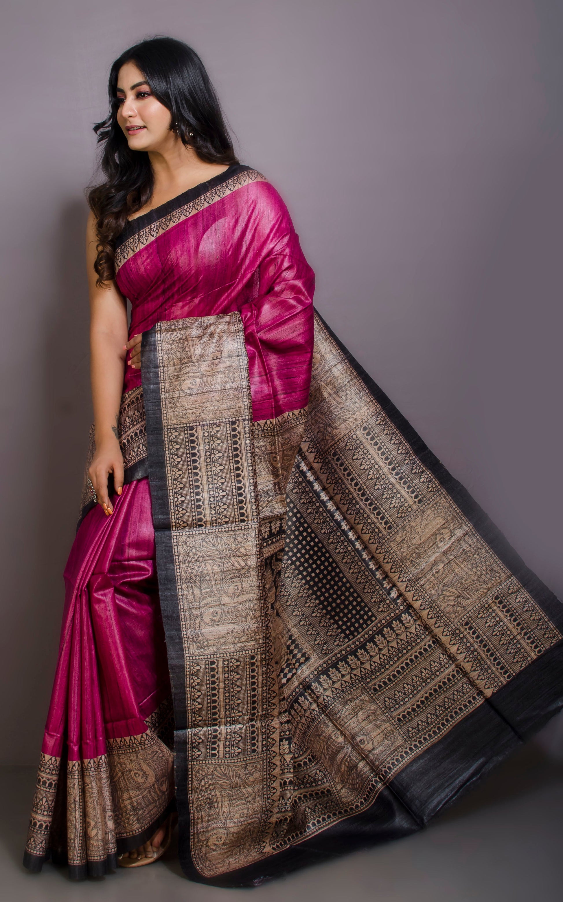 Soft Tussar Gicha Kalamkari Saree in Magenta, Beige and Black