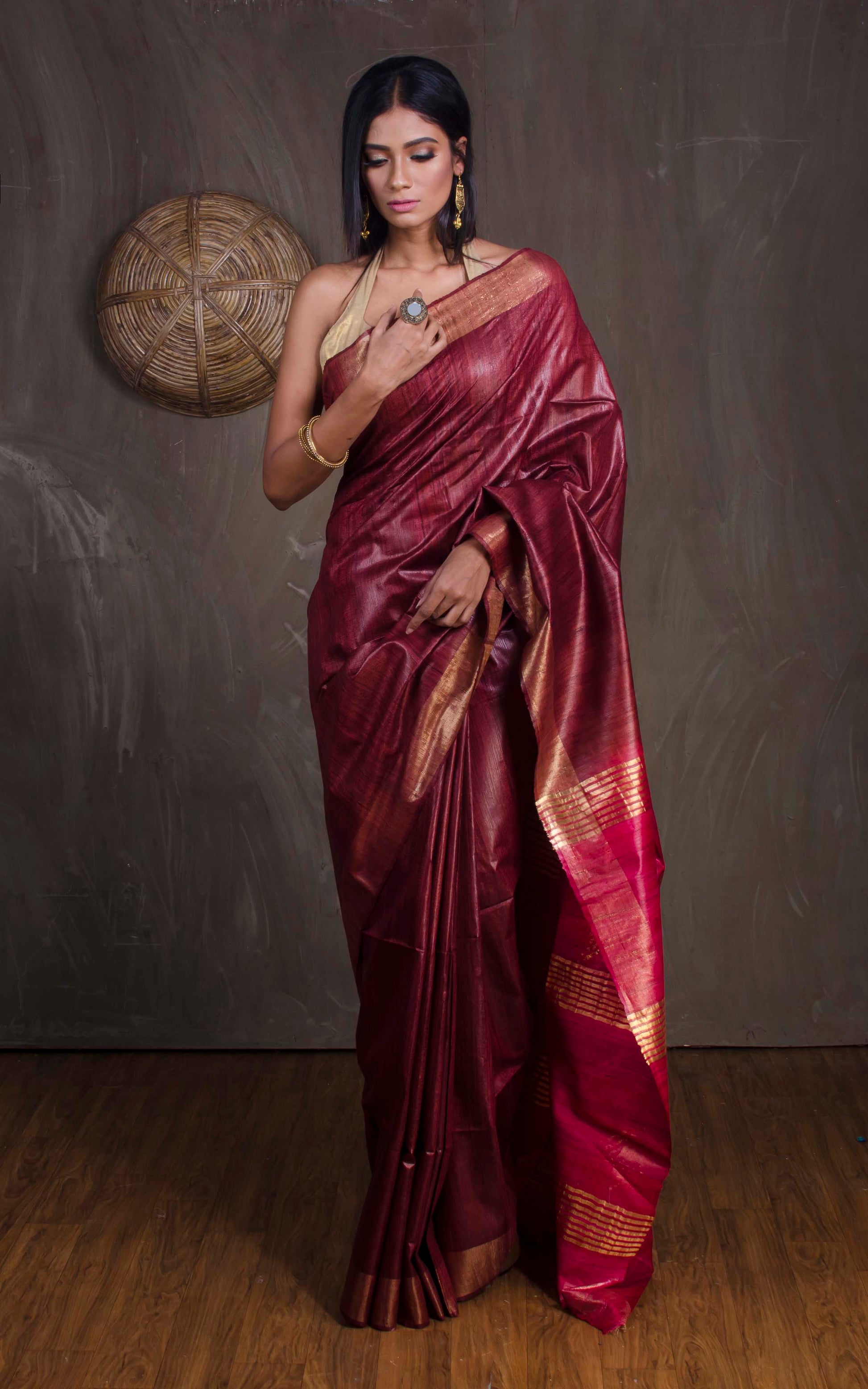 Pure Handloom Gicha Tussar Saree in Brownish Maroon and Dark Red