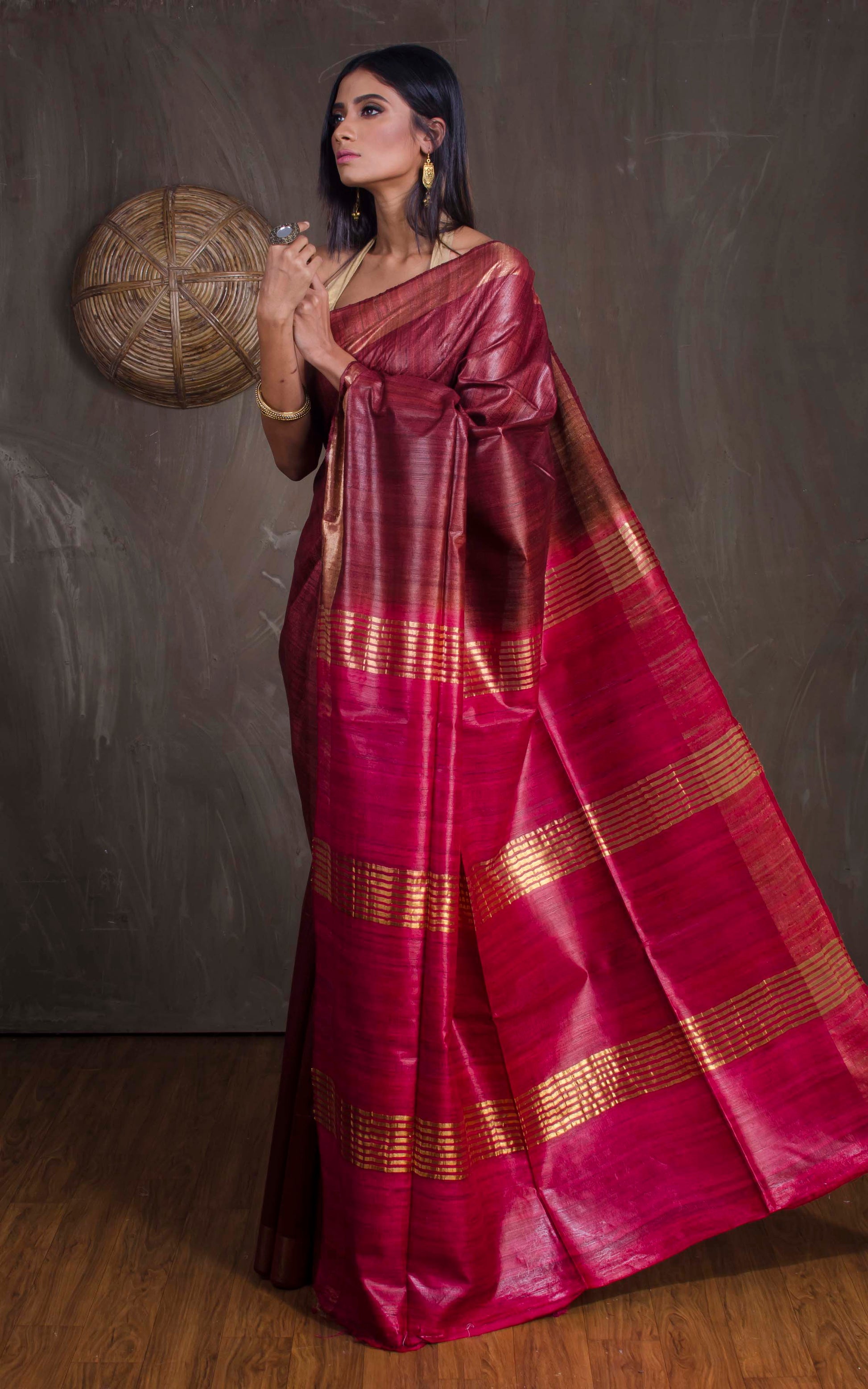 Pure Handloom Gicha Tussar Saree in Brownish Maroon and Dark Red