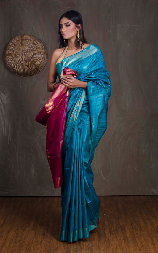 Pure Handloom Gicha Tussar Saree in Cerulean Blue and Burgundy