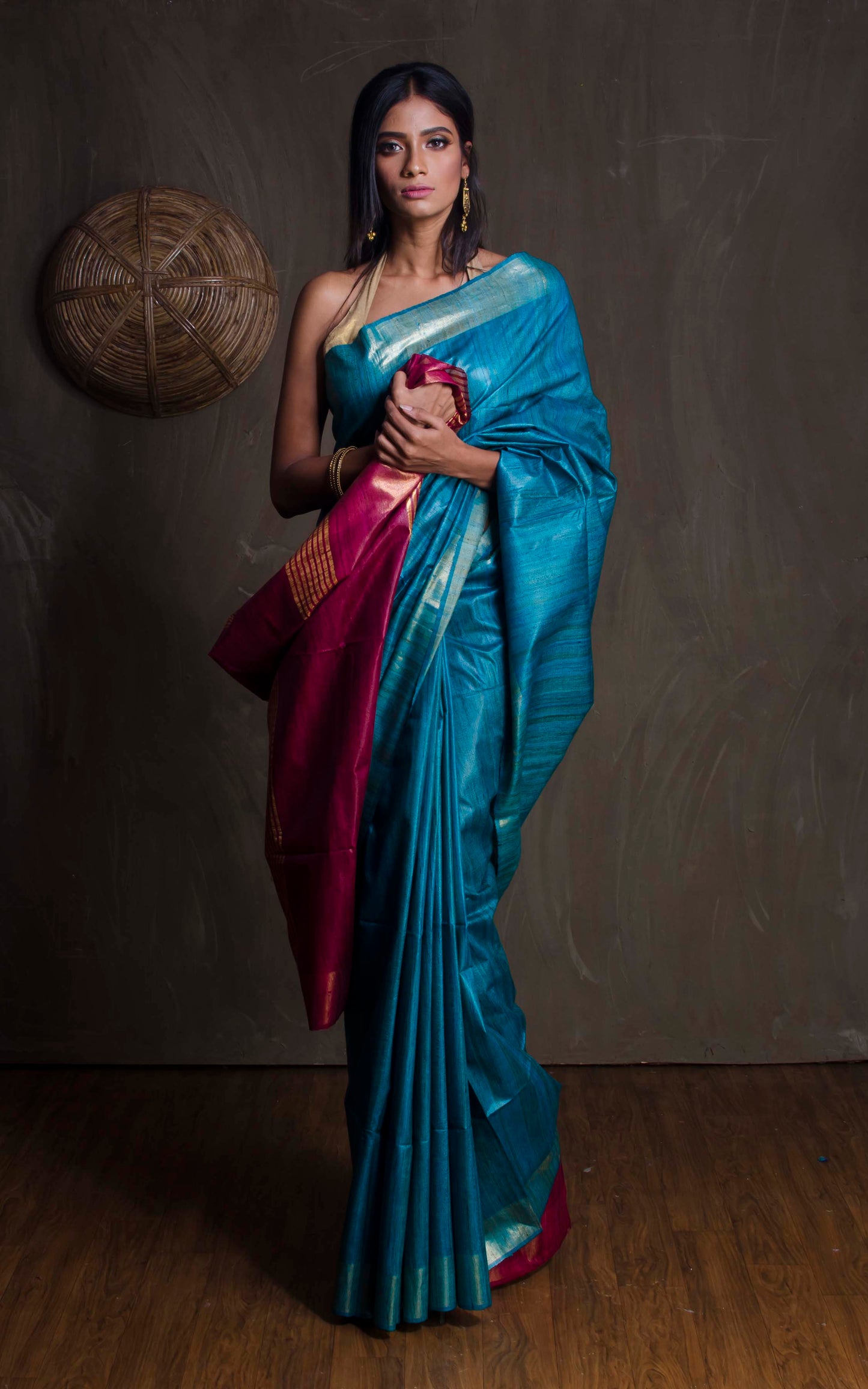 Pure Handloom Gicha Tussar Saree in Cerulean Blue and Burgundy