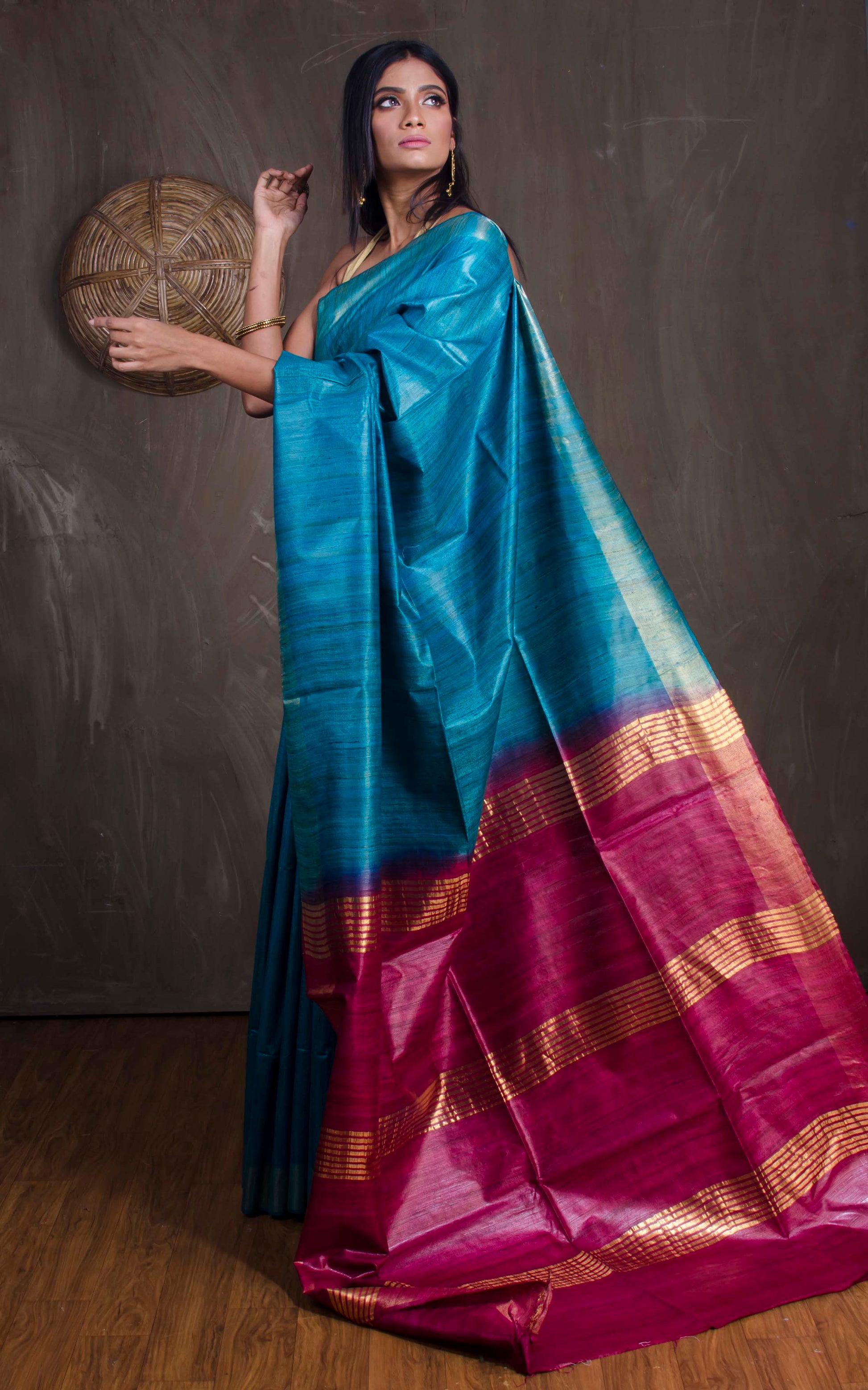 Pure Handloom Gicha Tussar Saree in Cerulean Blue and Burgundy