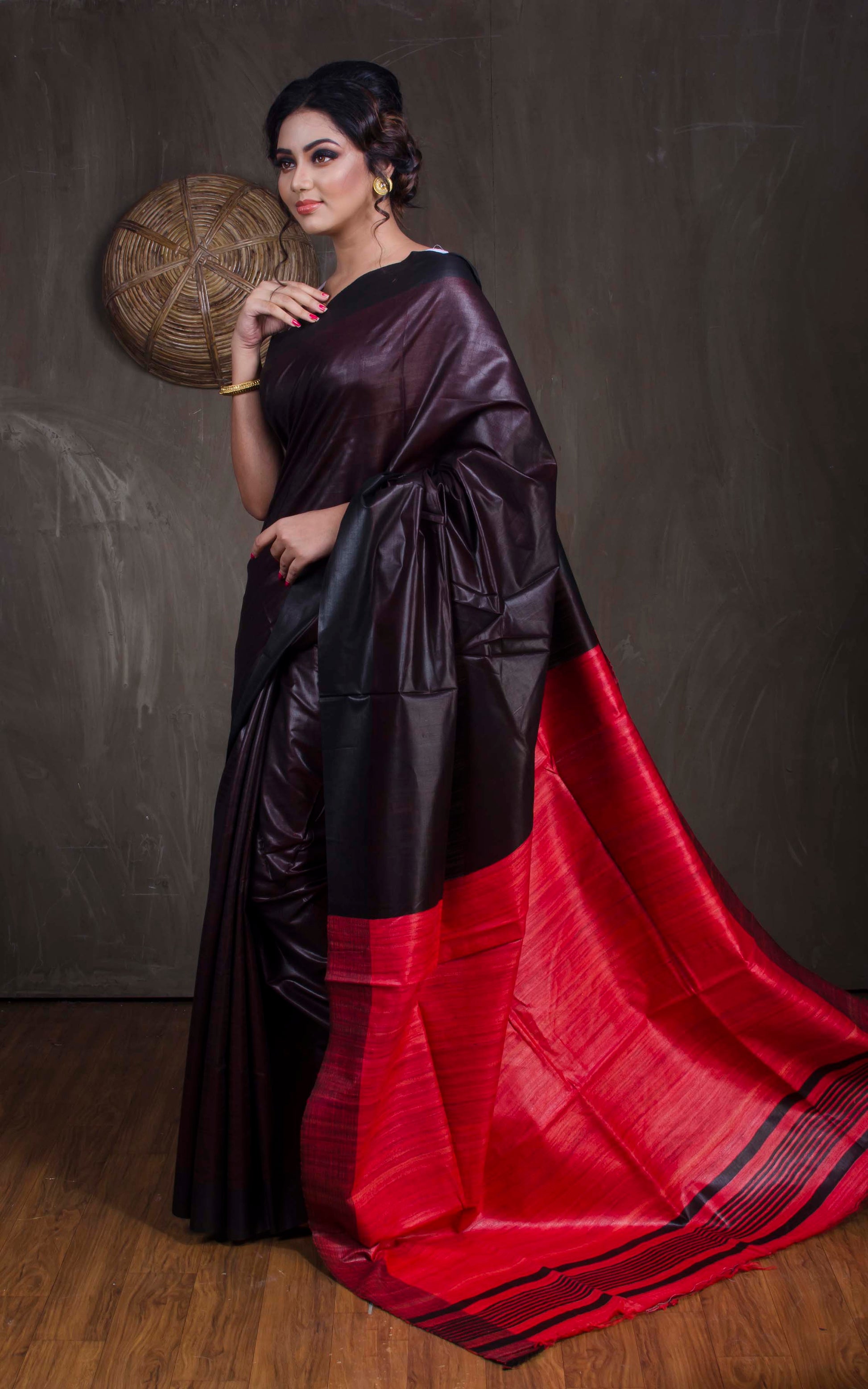 Handwoven Soft Staple Gicha Tussar Saree in Black and Red