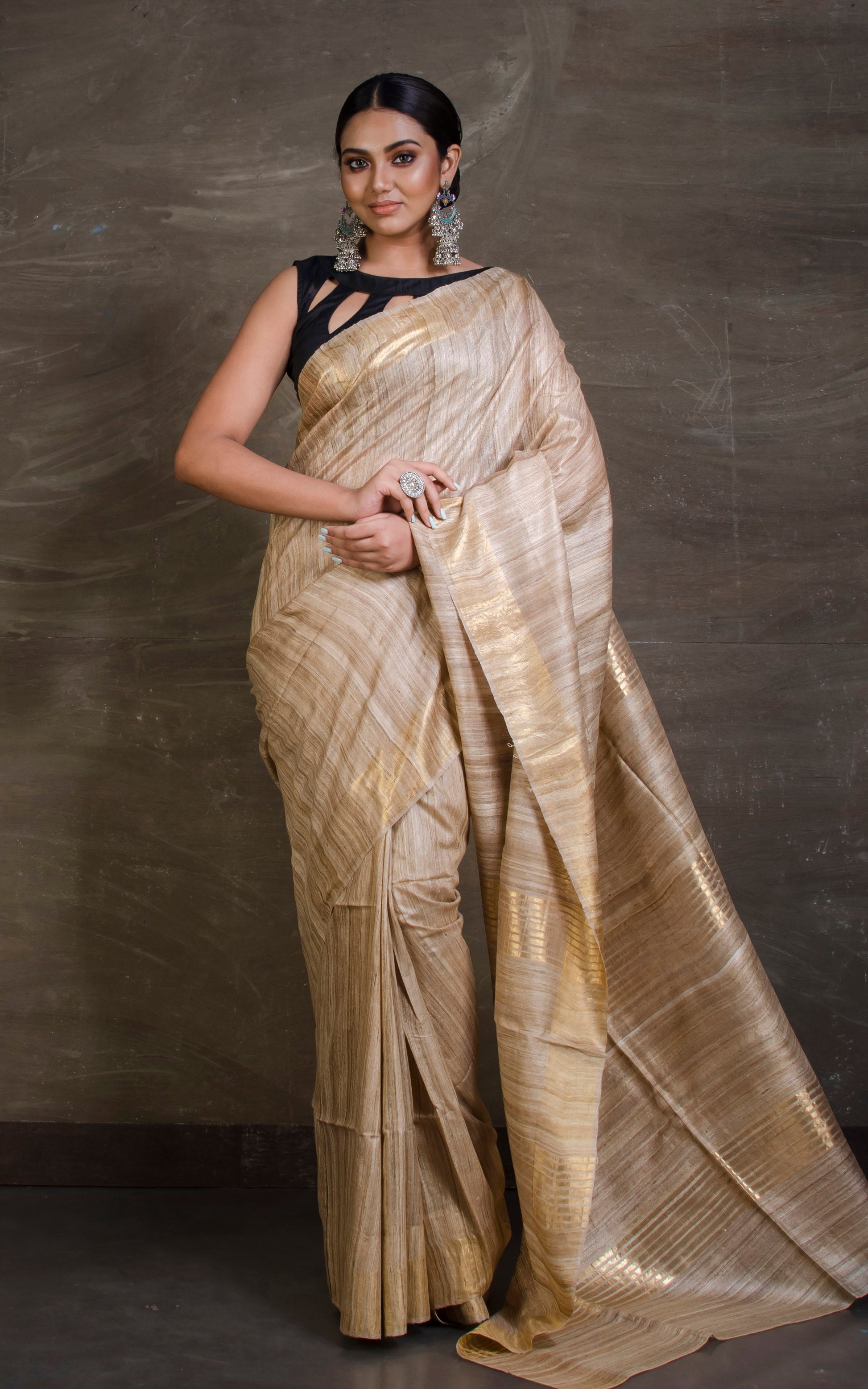 Pure Handloom Gicha Tussar Saree in Beige and Gold