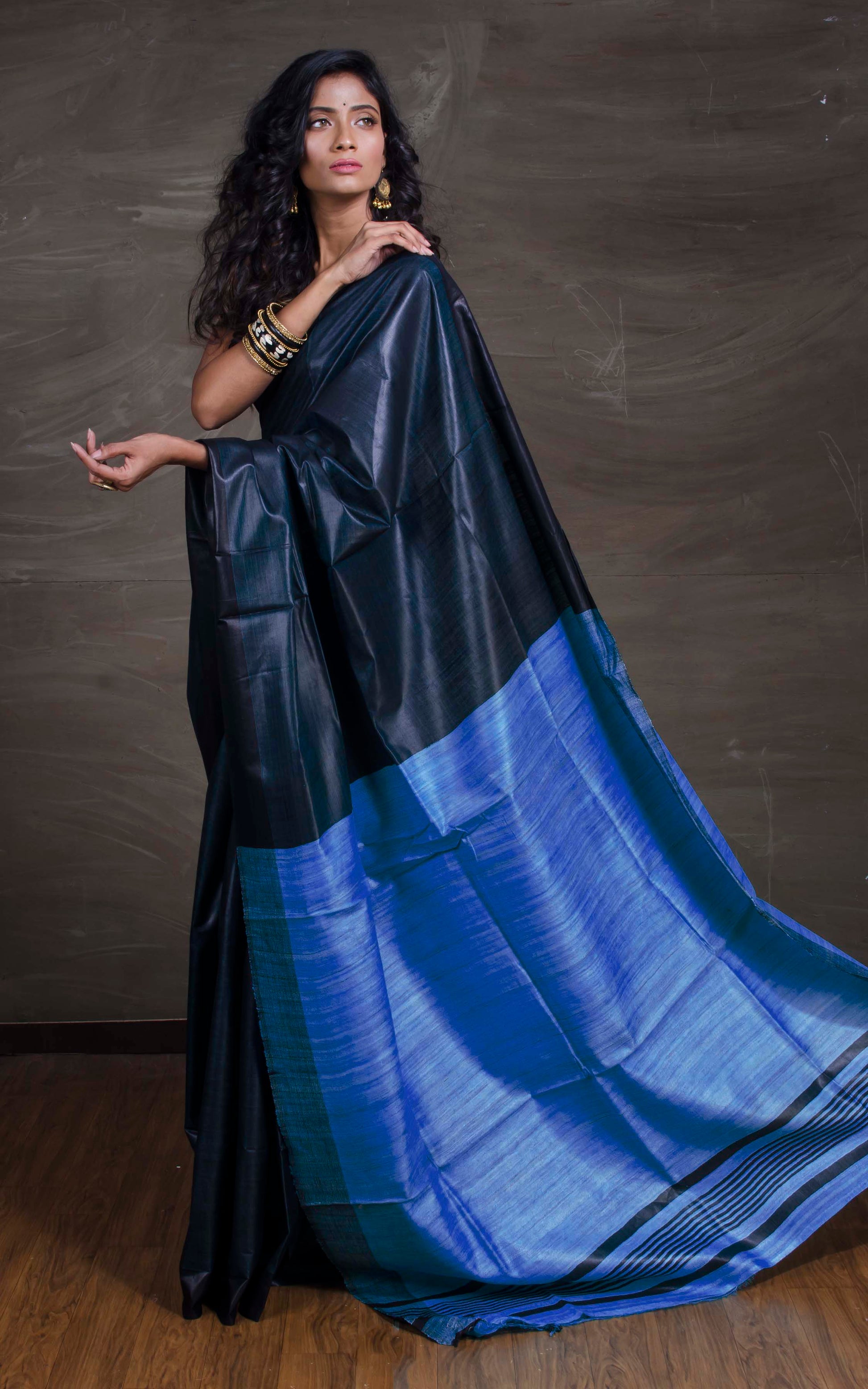 Handwoven Soft Staple Gicha Tussar Saree in Black and Denim Blue