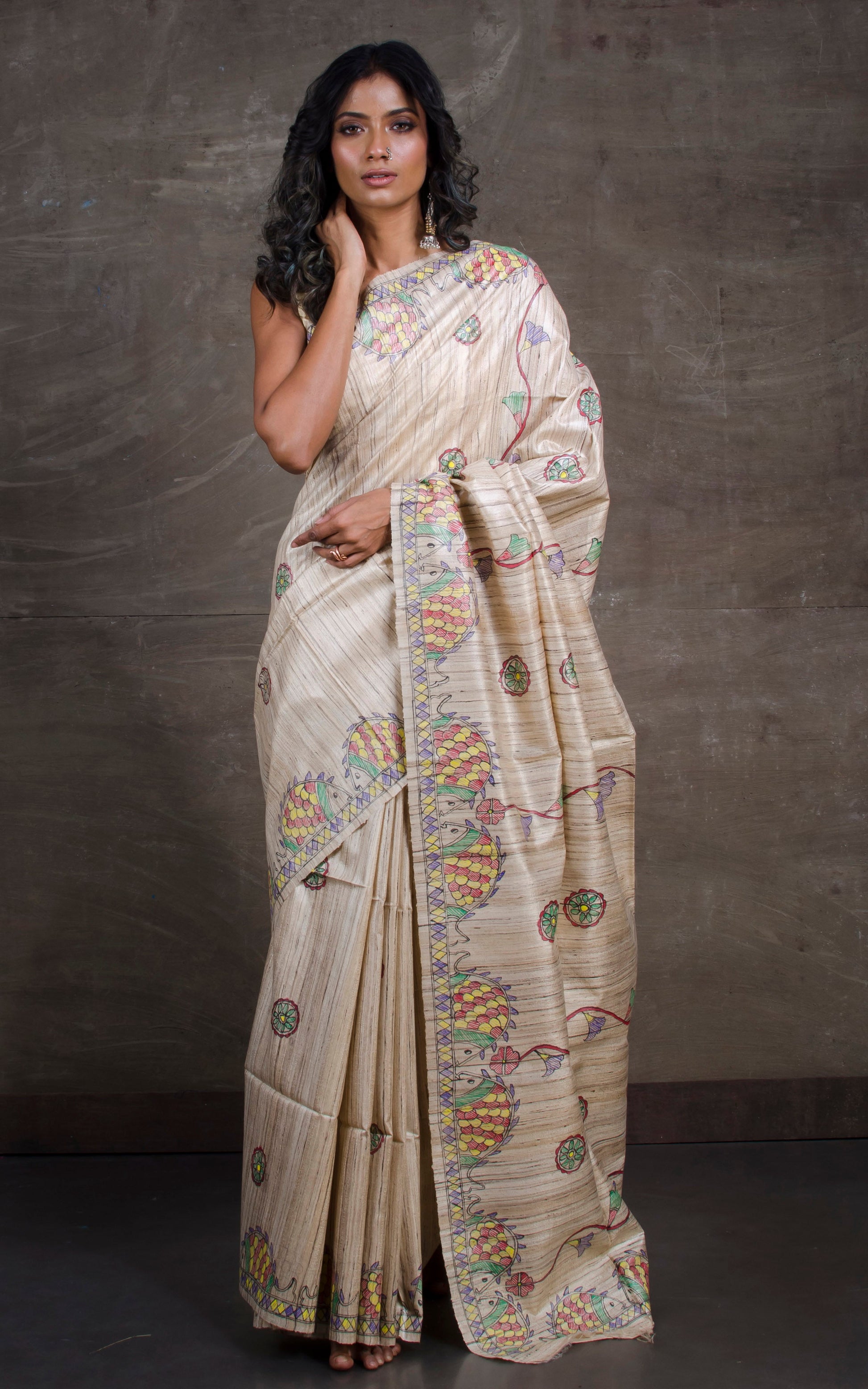 Hand Paint Madhubani on Natural Gicha Tussar Silk Saree