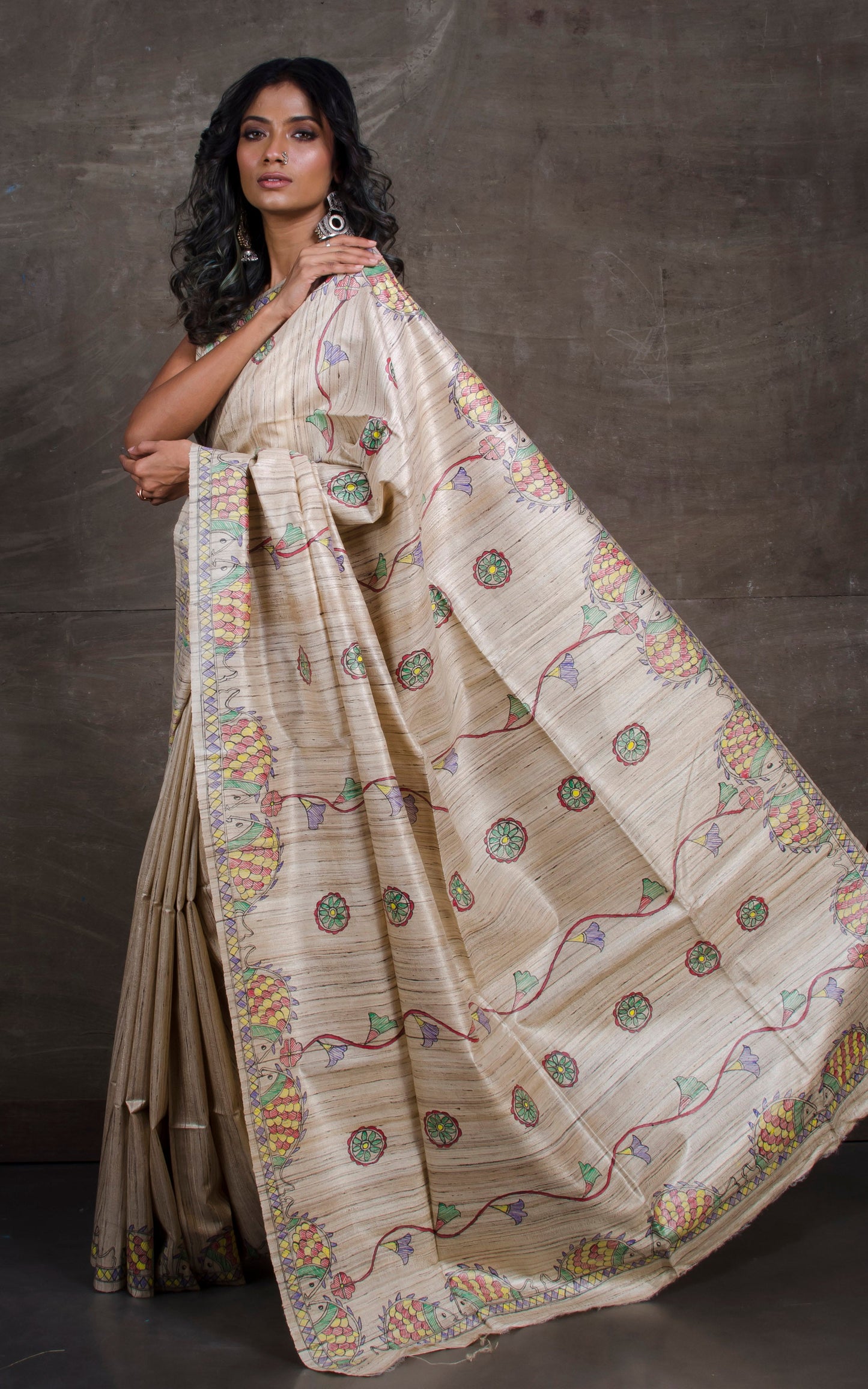 Hand Paint Madhubani on Natural Gicha Tussar Silk Saree