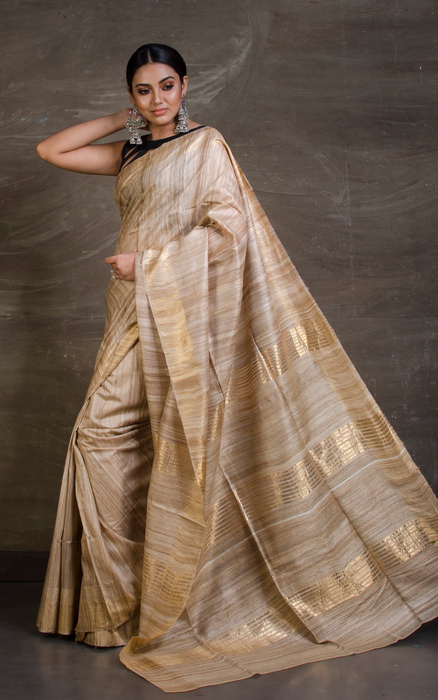 Pure Handloom Gicha Tussar Saree in Beige and Gold